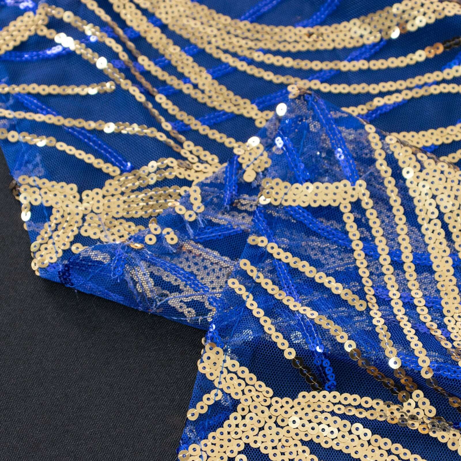 Sequin Mesh 120 Round Tablecloth Royal Blue/Gold - Seamless Wave Embroidered Table Cover
