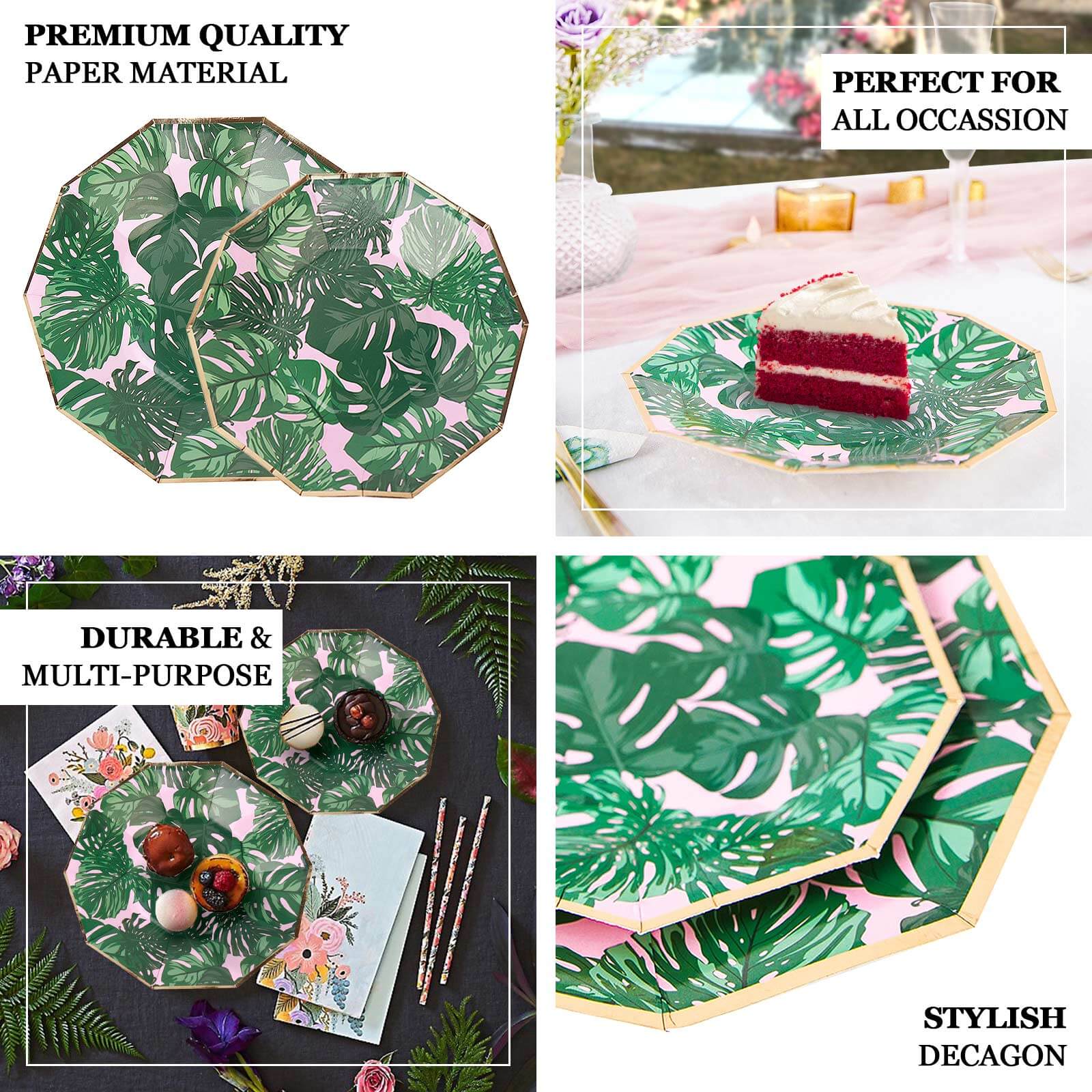 25-Pack Paper 7 Decagon Dessert Plates in Pink with Green Tropical Palm Leaves & Gold Rim - Disposable Geometric Appetizer Salad Plates for Boho Chic & Jungle Themed Events