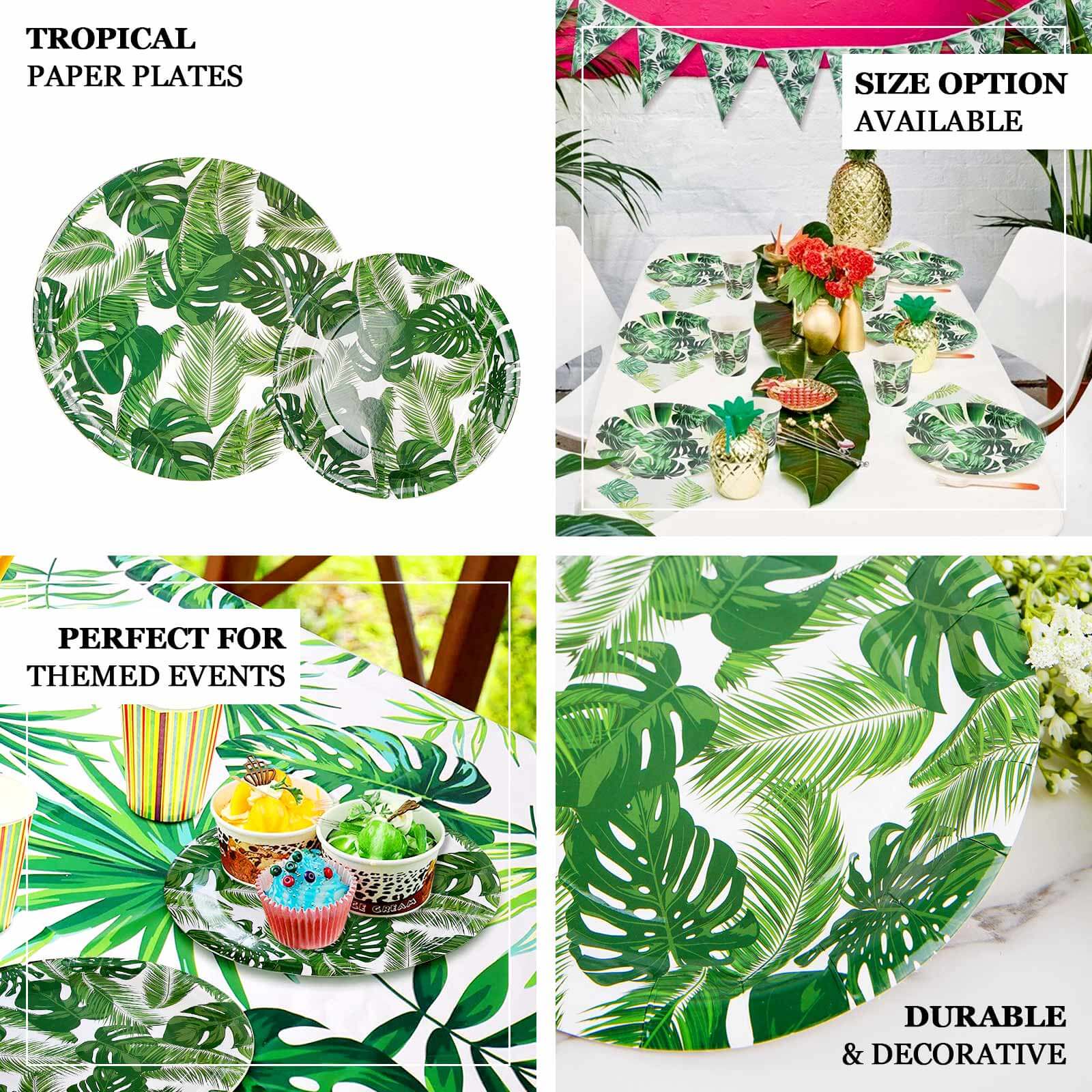 25-Pack Paper 7 Round Dessert Plates in White with Tropical Palm Leaf Design - Disposable 300GSM Appetizer Salad Plates for Boho Chic & Jungle Themed Events