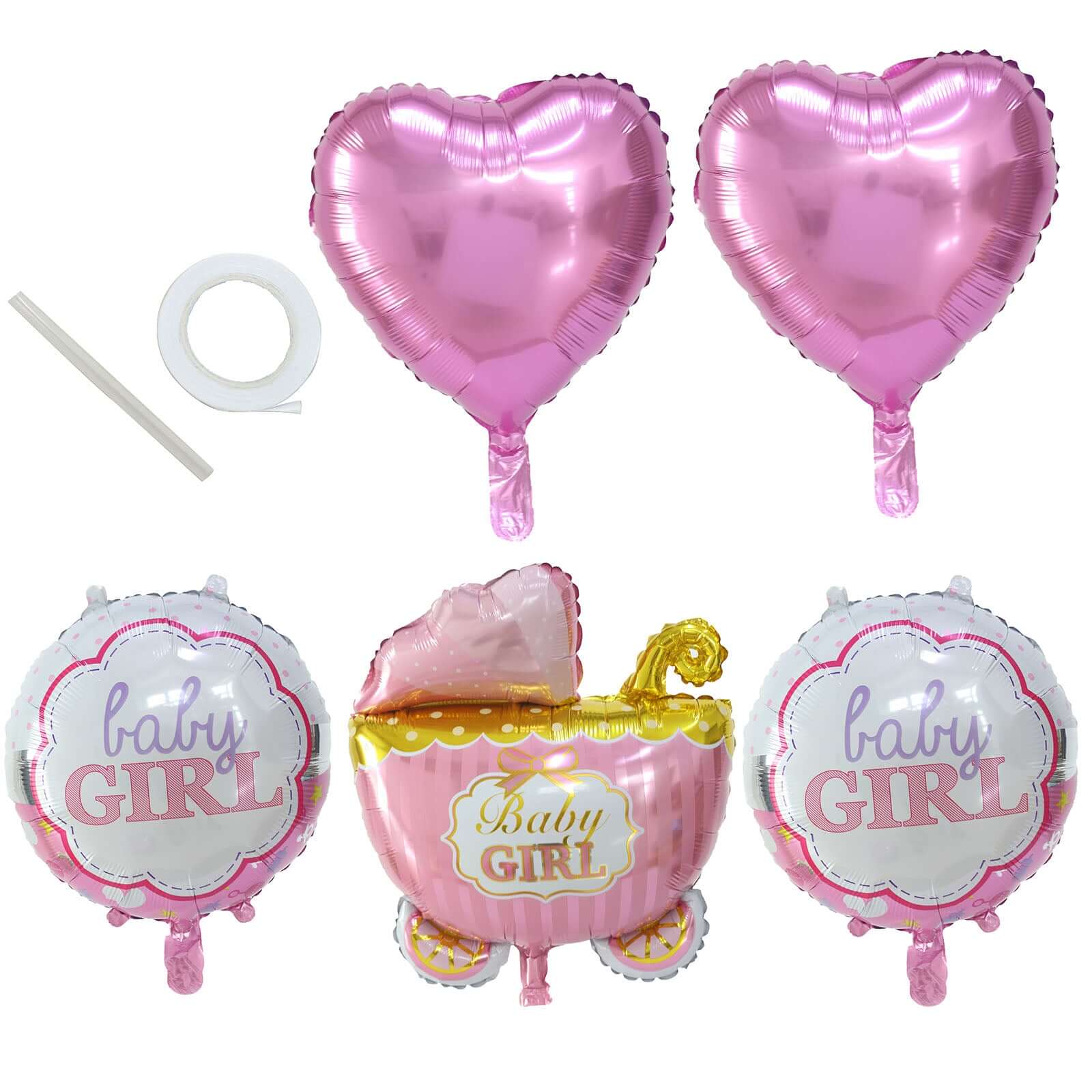 Set of 5 Pink White Girl Baby Shower Mylar Foil Balloon Set, Heart, Round and Baby Carriage Balloon Bouquet With Ribbon, Gender Reveal Party Decorations