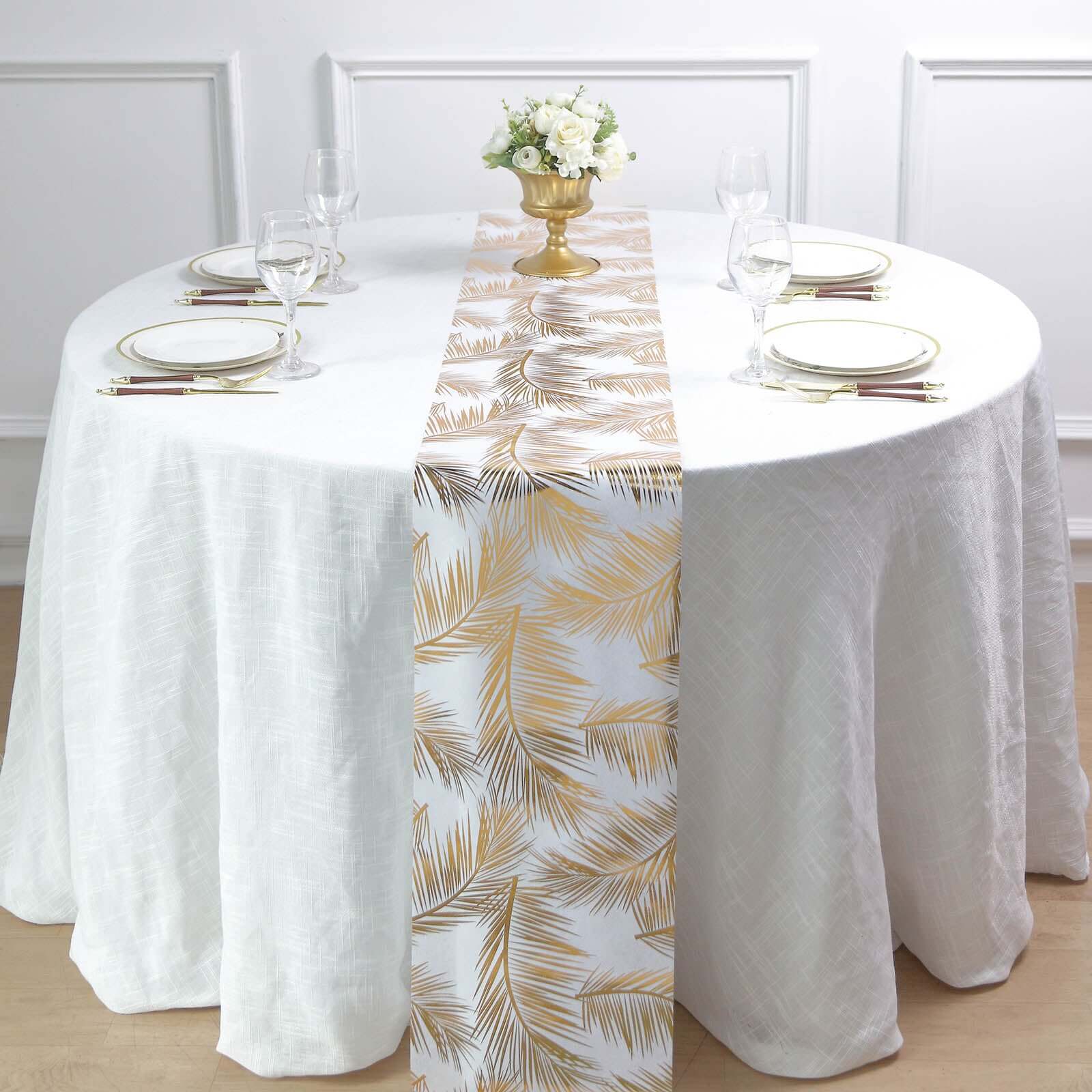 Disposable Table Runner Roll 108 Metallic Gold Foil Palm Leaves Print - Chic Non-Woven Tropical Table Decor for Events