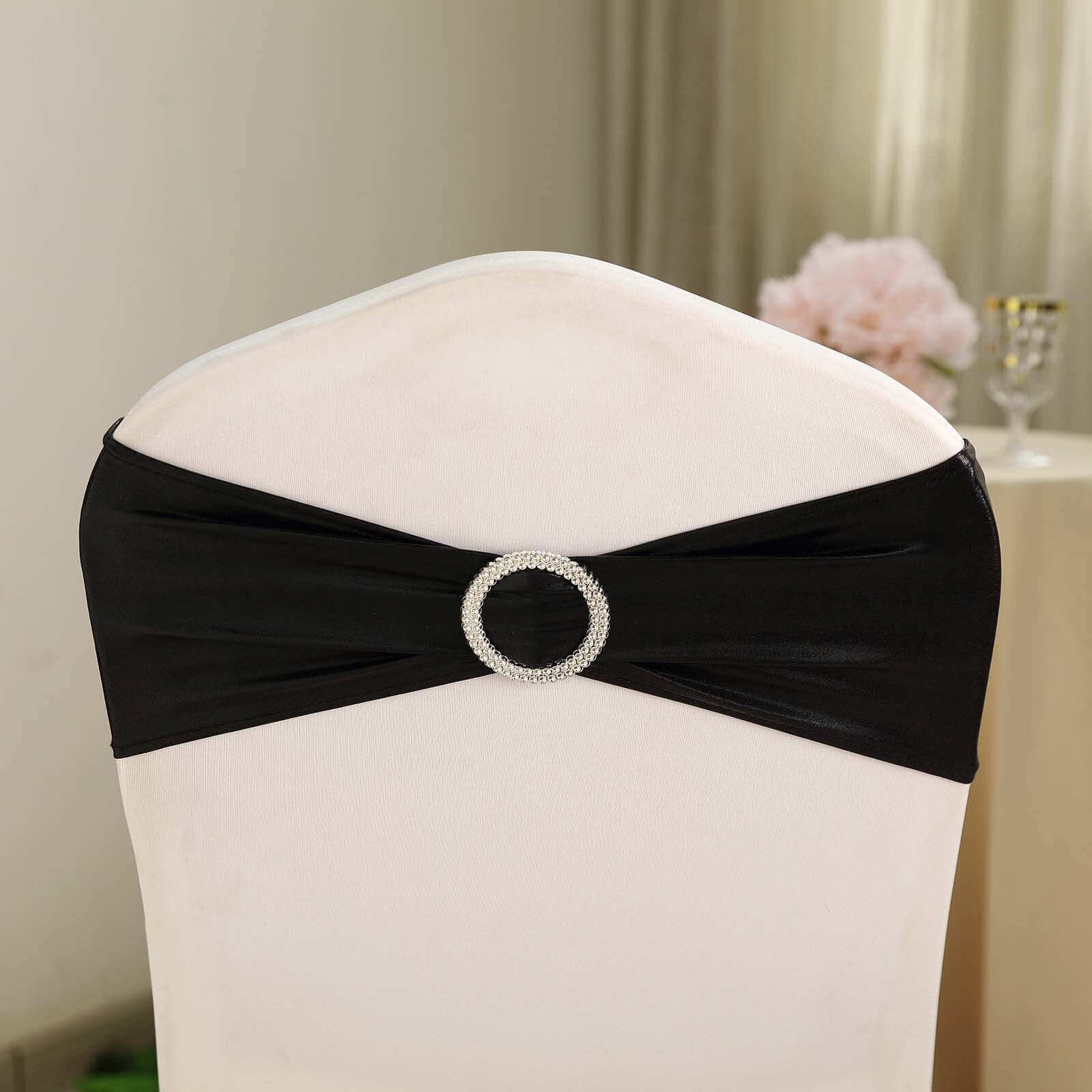 5 Pack Metallic Spandex Chair Sashes Black - Stretch Fit Chair Bands With Round Diamond Buckles for Glamorous Event Decor