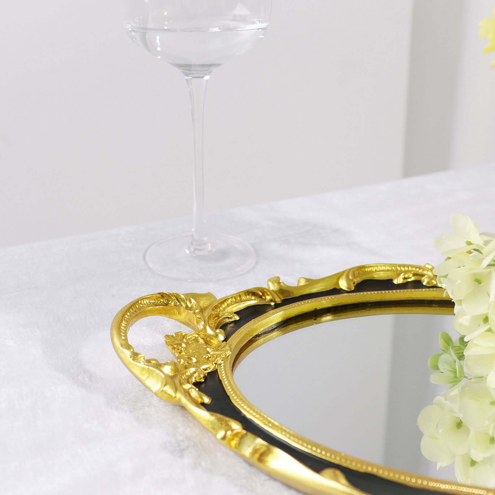 Resin Mirrored Vanity Oval Serving Tray 14x10 in Black with Metallic Gold Baroque Design, Stylish Decorative Vanity Tray Centerpiece