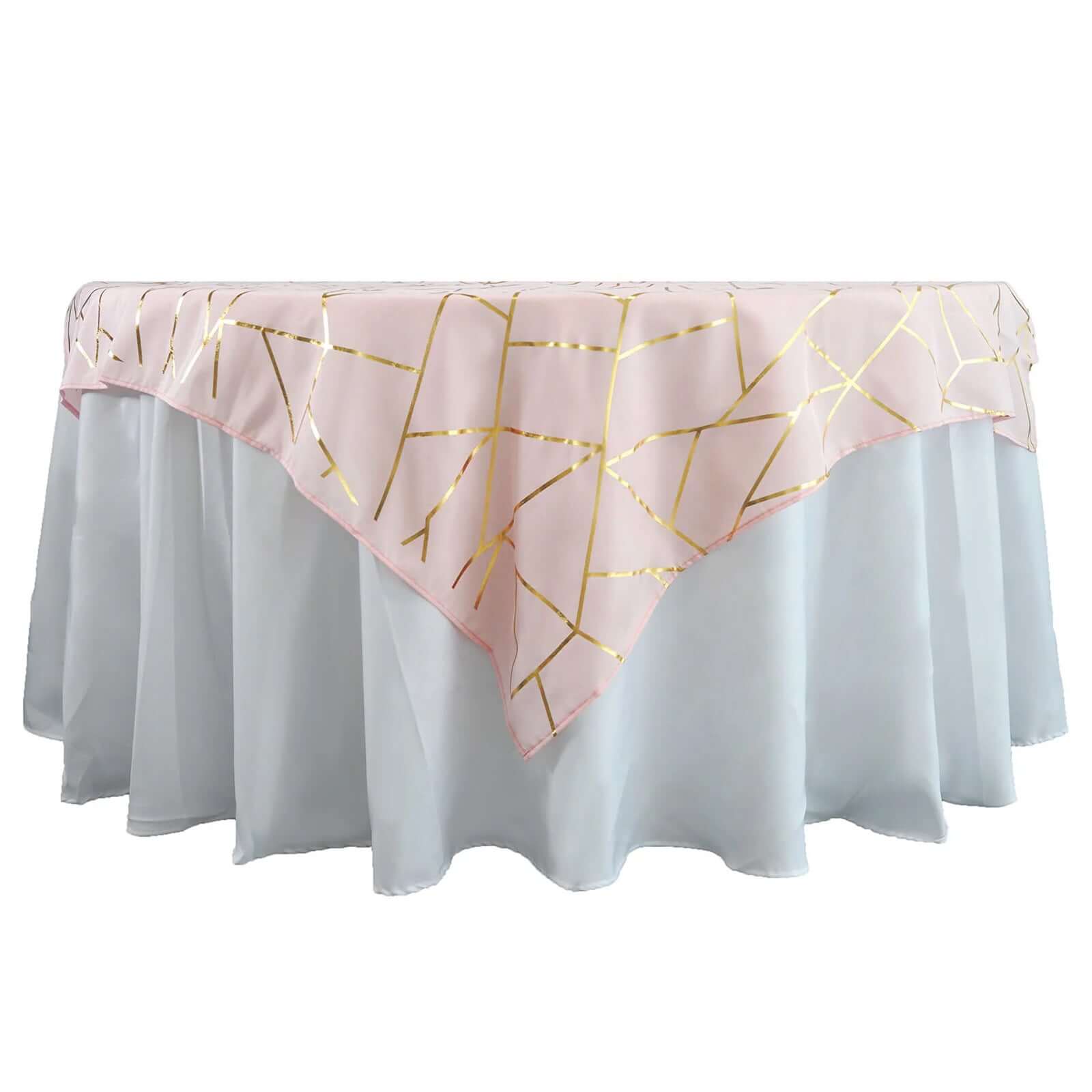 Polyester 54x54 Table Overlay Square Tablecloth Blush with Gold Foil Geometric Pattern - Wrinkle-Resistant & Durable Table Topper