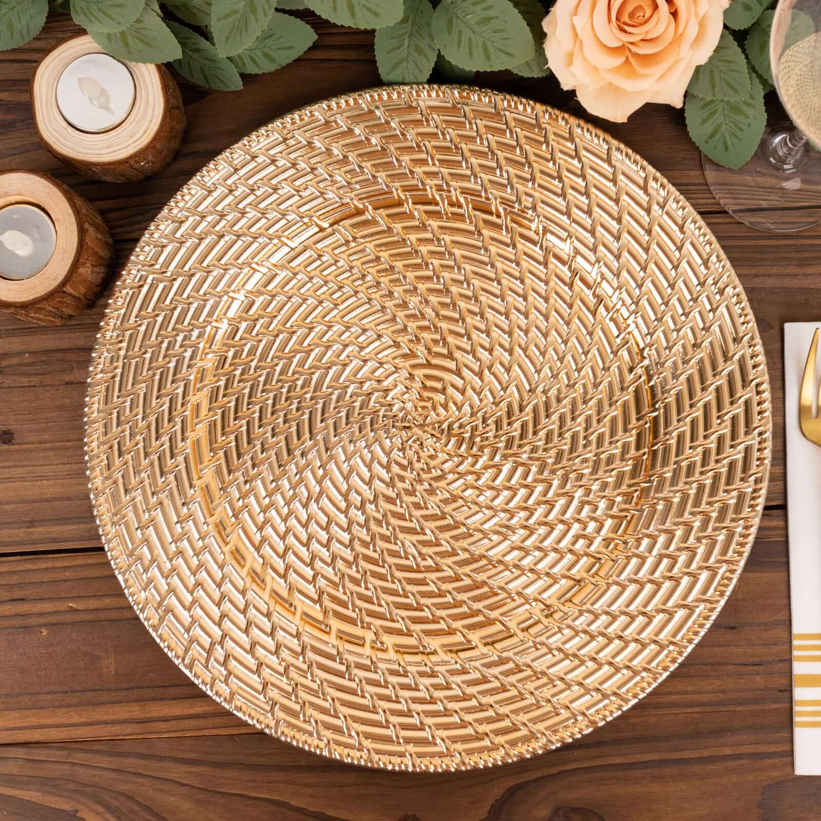 6-Pack Acrylic Round Charger Plates 13 in Metallic Gold with Swirl Rattan Pattern, Farmhouse Plastic Charger Tableware