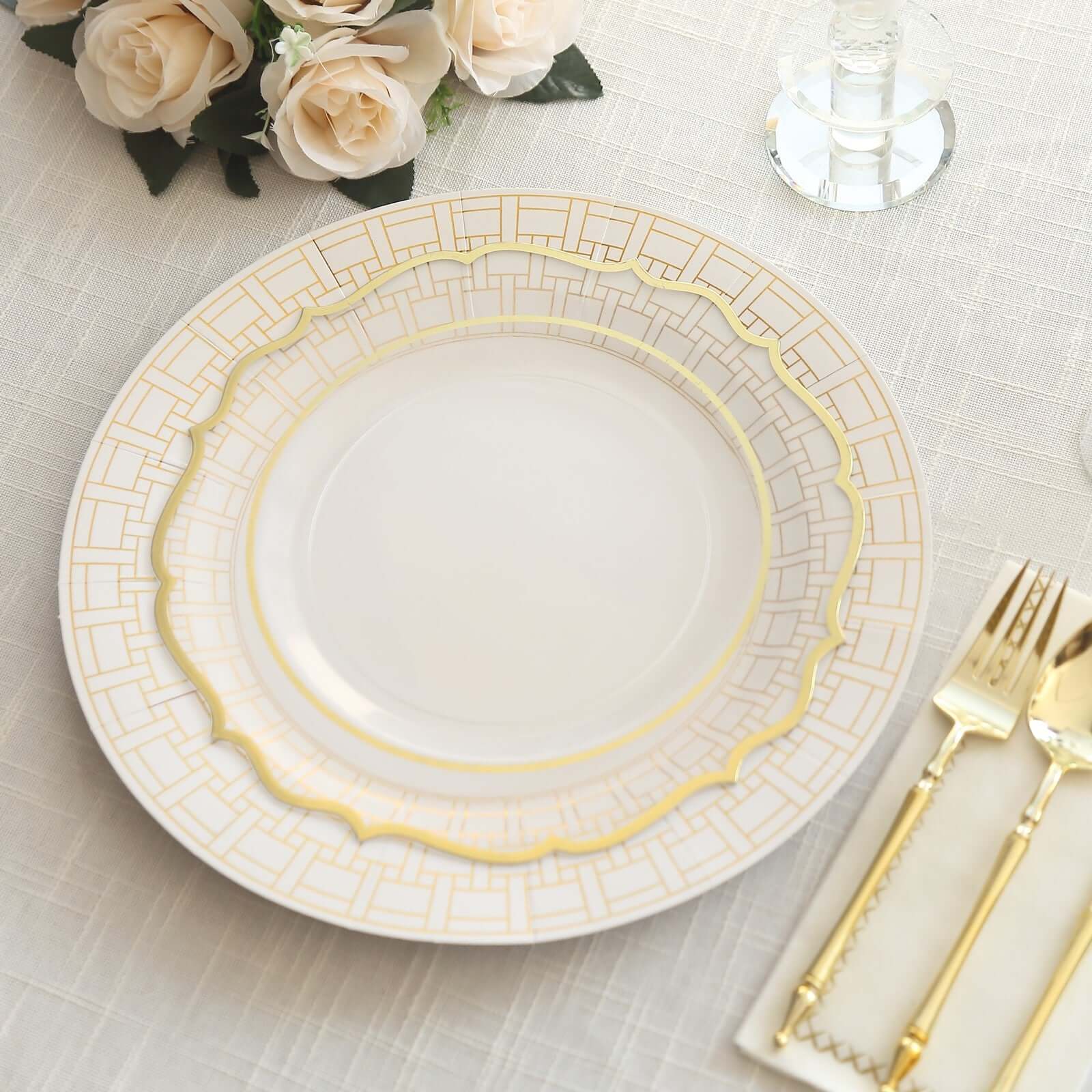 10-Pack Disposable Table Placemats in White with Gold Basketweave Pattern Rim - 650GSM Cardboard Placemats for Weddings & Banquets 13