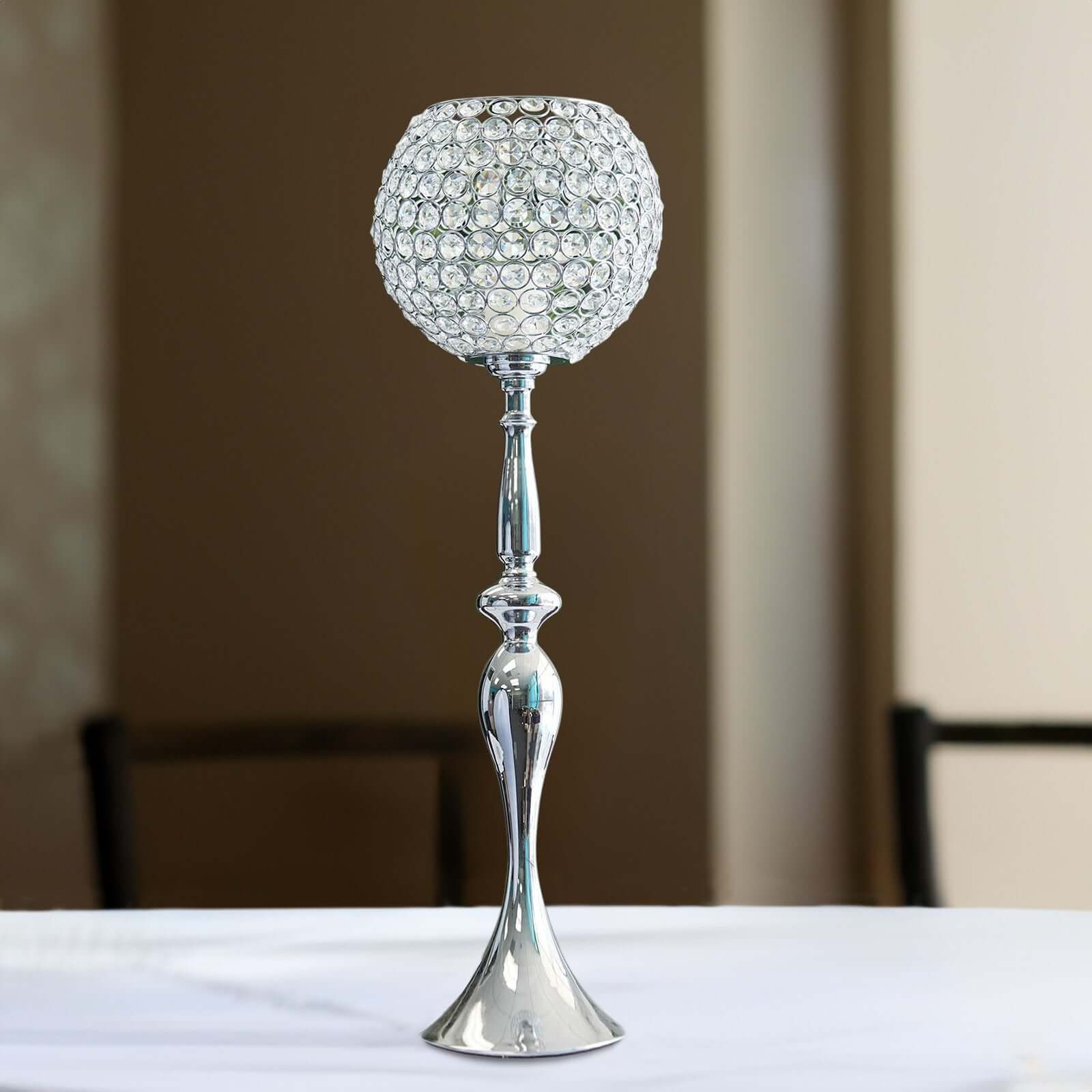 Acrylic Crystal Beaded Goblet Candle Holder Silver - Exquisite Flower Ball Centerpiece Stand for High-End Event Styling 30