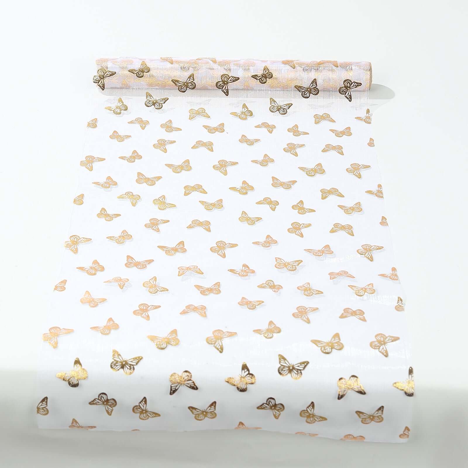 5 Pack Sheer Organza 11x108 Table Runner Rolls White Disposable with Metallic Gold Foil Butterflies Motifs