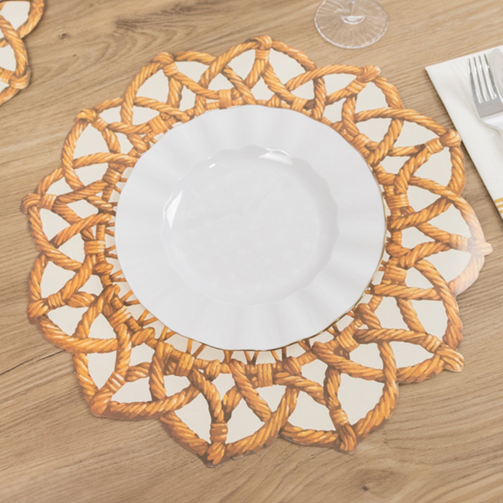 10-Pack Disposable Table Placemats in Brown with Die-Cut Rattan Weave Print - Large Rustic Farmhouse Scalloped Rim Floral Paper Placemats 16