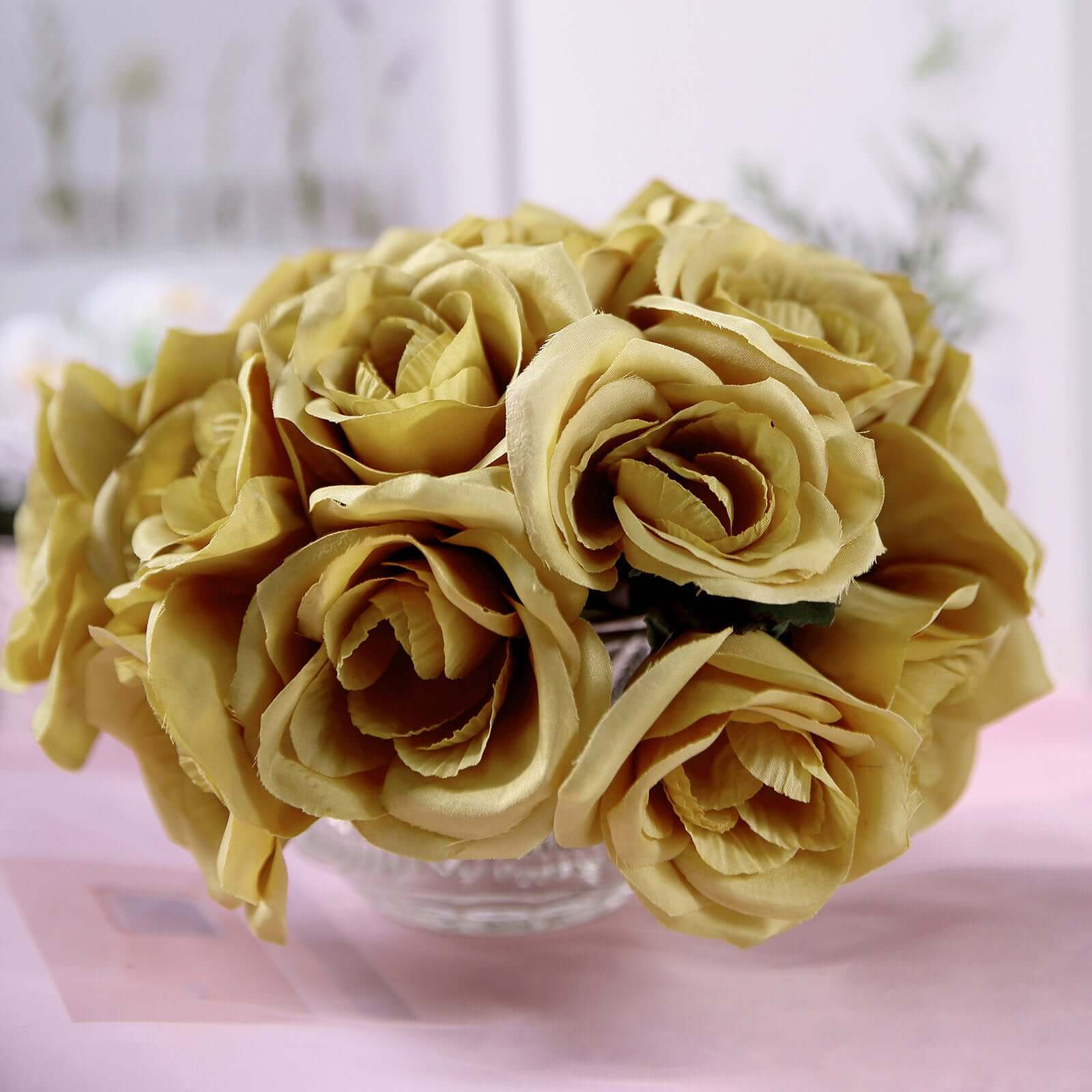 12 Gold Artificial Velvet-Like Fabric Rose Flower Bouquet Bush