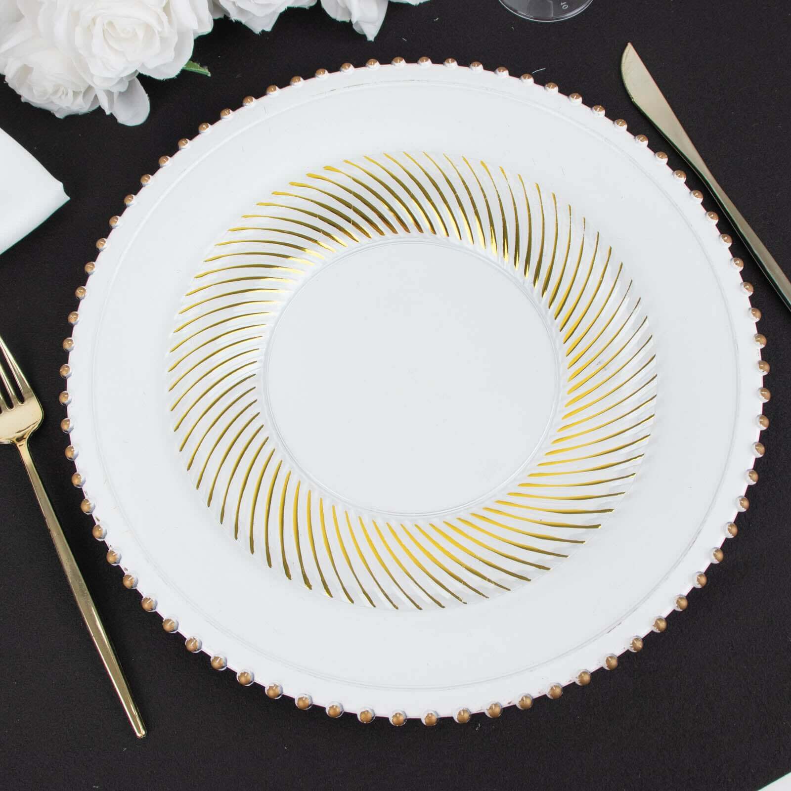 10-Pack Plastic 9 Round Dinner Plates White with Gold Swirl Rim - Disposable Party Plates