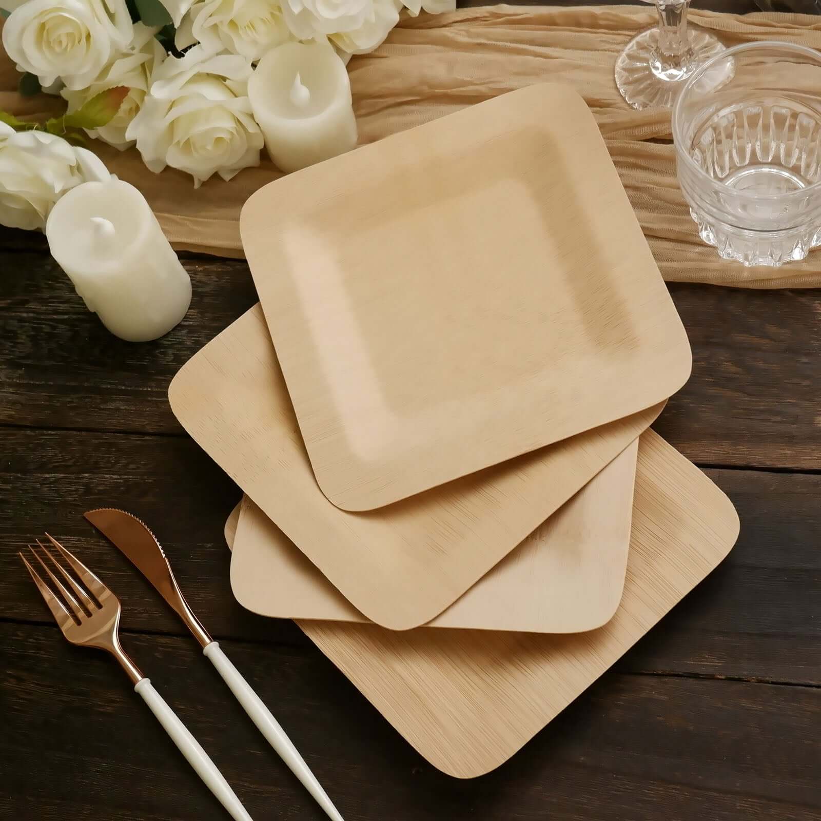 10-Pack Bamboo 9 Square Dinner Plates - Natural Eco Friendly Disposable Dinnerware for Farmhouse-Style Events, Parties & Gatherings