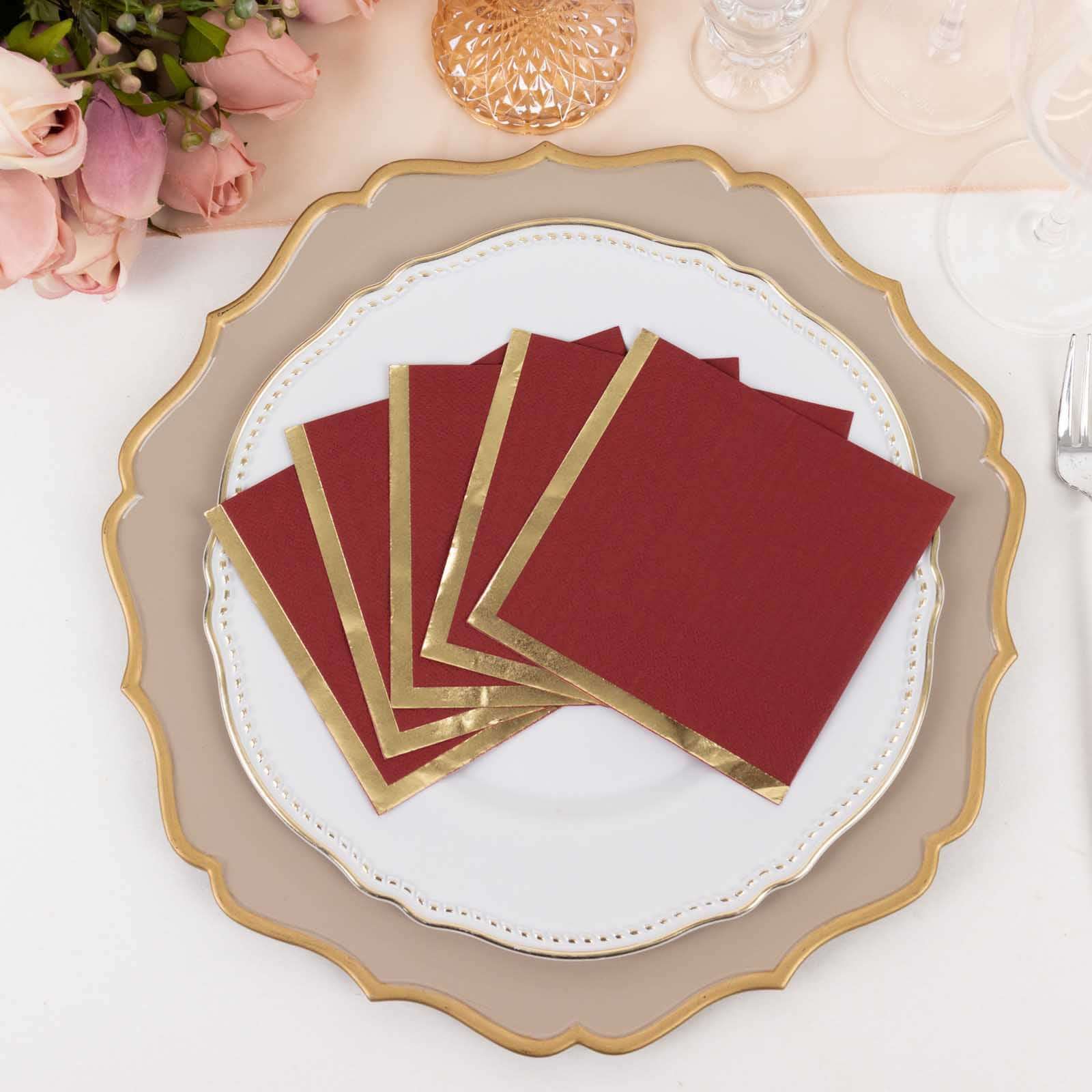 50-Pack Paper Beverage Napkins Burgundy with Gold Foil Edge - 2 Ply Disposable Soft 18GSM Cocktail Napkins 5x5