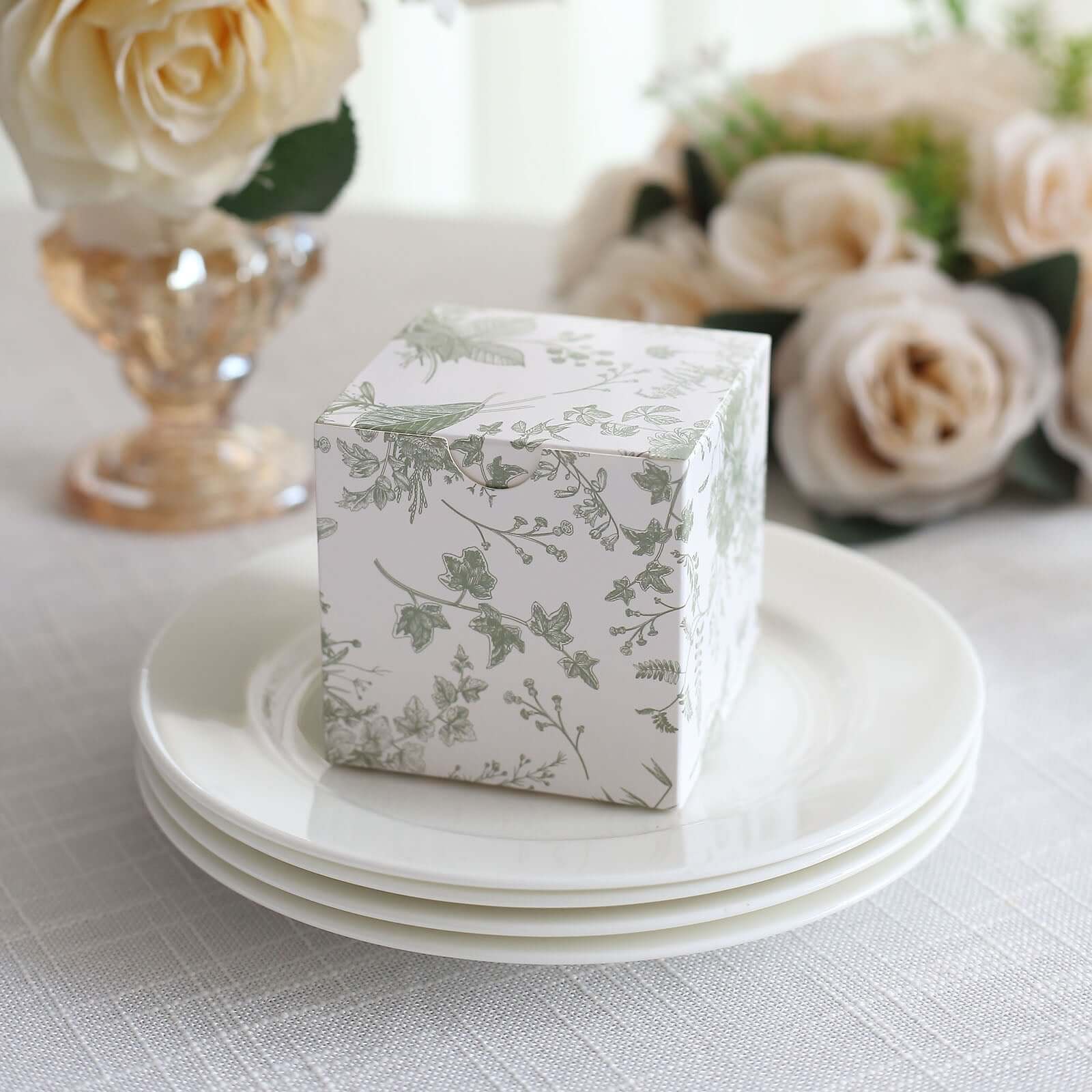 25 Pack White Sage Green Paper Favor Boxes in French Toile Pattern, Cardstock Party Shower Candy Gift Boxes - 3x3x3