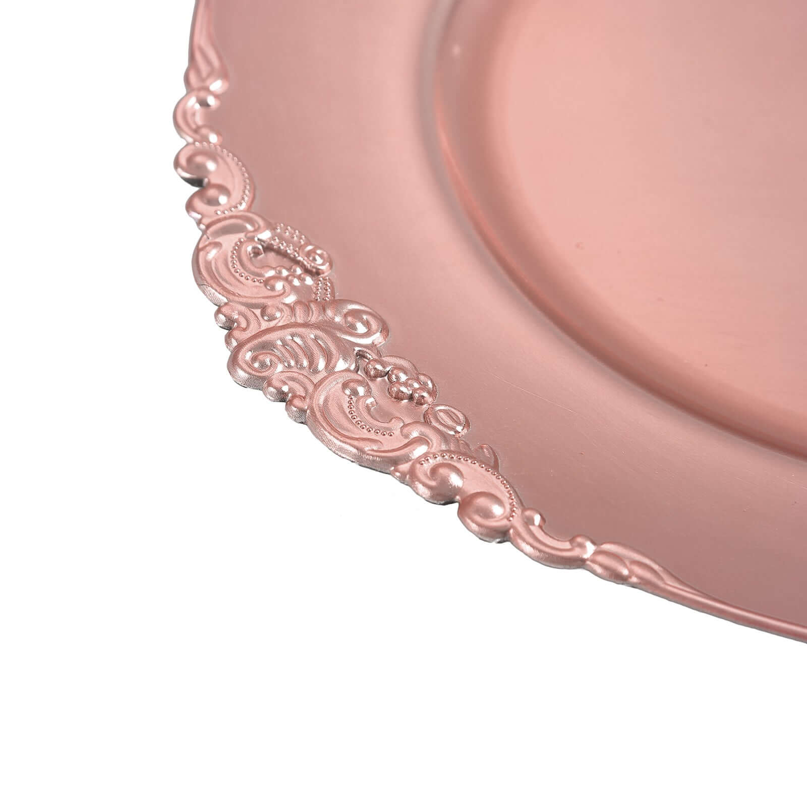 6-Pack Acrylic Round Charger Plates 13 in Rose Gold with Embossed Baroque Rim, Antique Decorative Dinner Party Charger Tableware