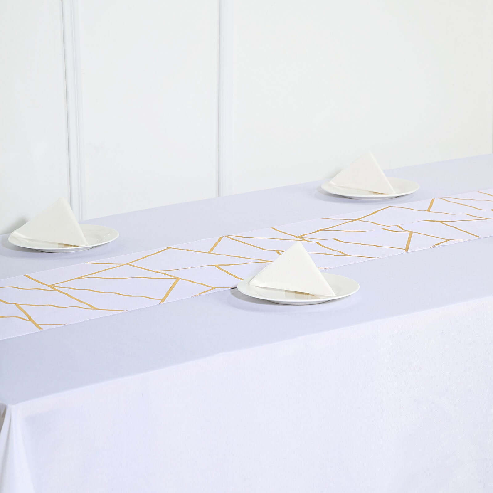 Polyester 9ft Table Runner White with Gold Foil Geometric Pattern - Modern & Stylish Table Decor