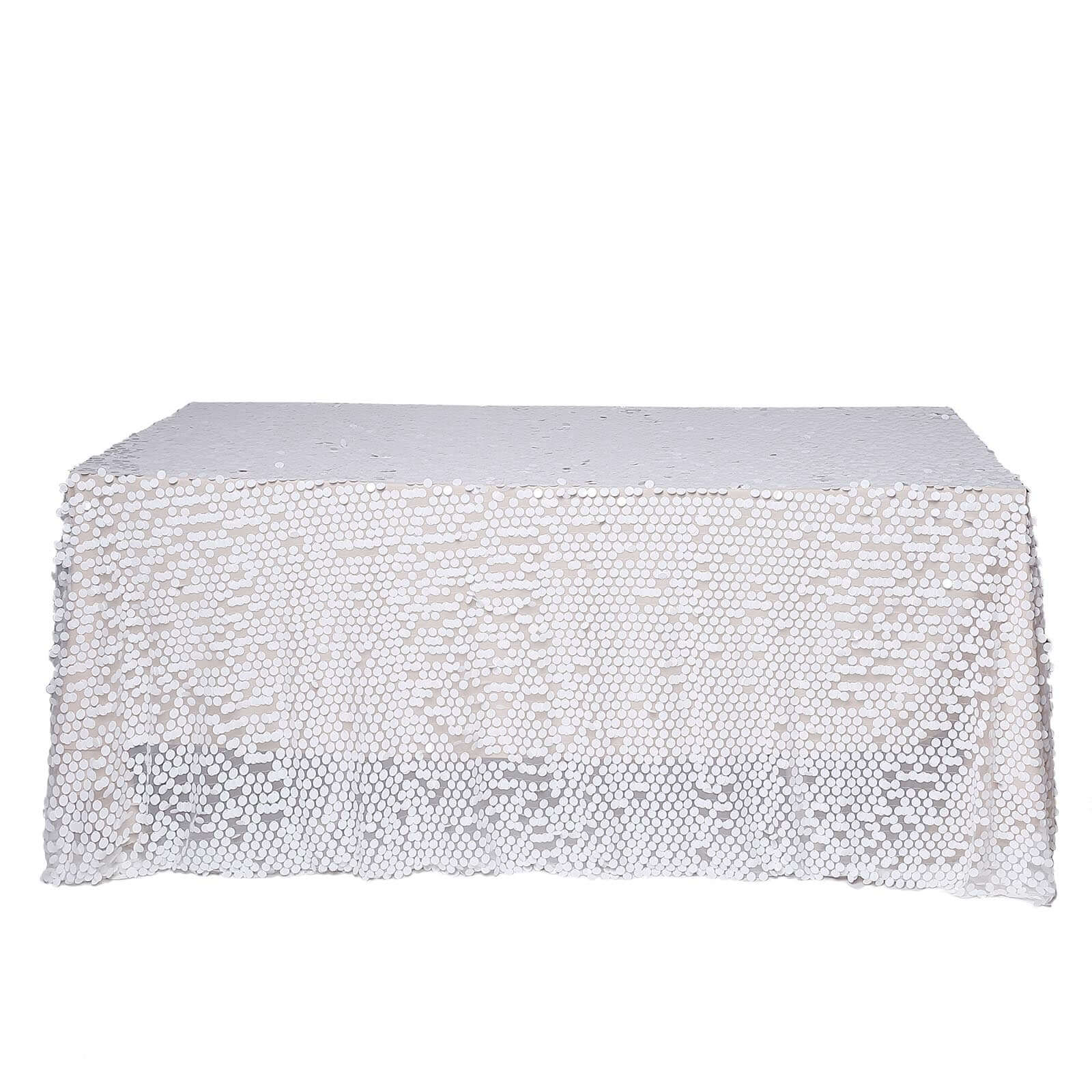 Sequin 90x132 Rectangle Tablecloth White - Seamless Big Payette Design for Sophisticated Occasions