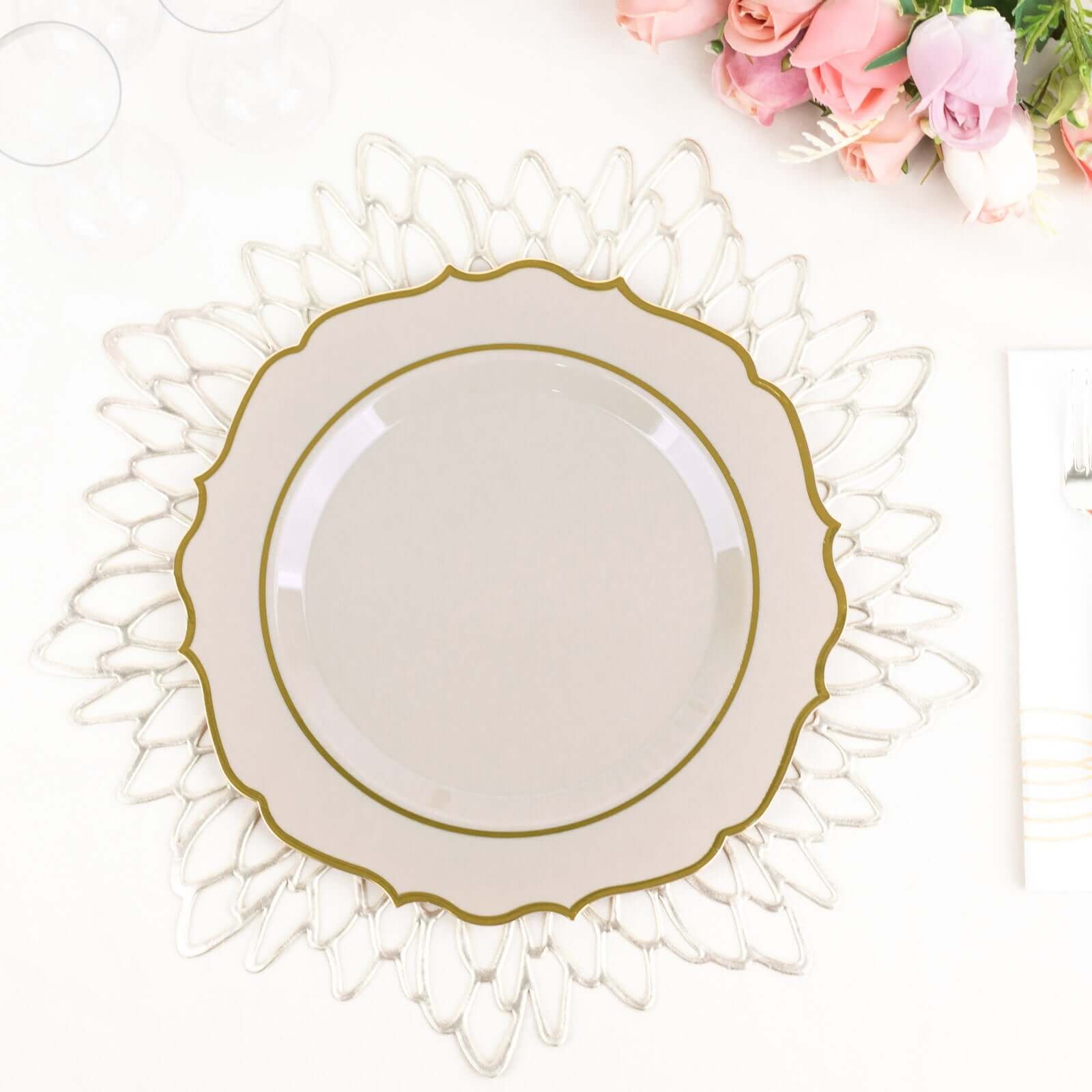 10-Pack Plastic 8 Round Desert Plates in Taupe with Gold Scalloped Rim - Disposable Appetizer/Salad Plates