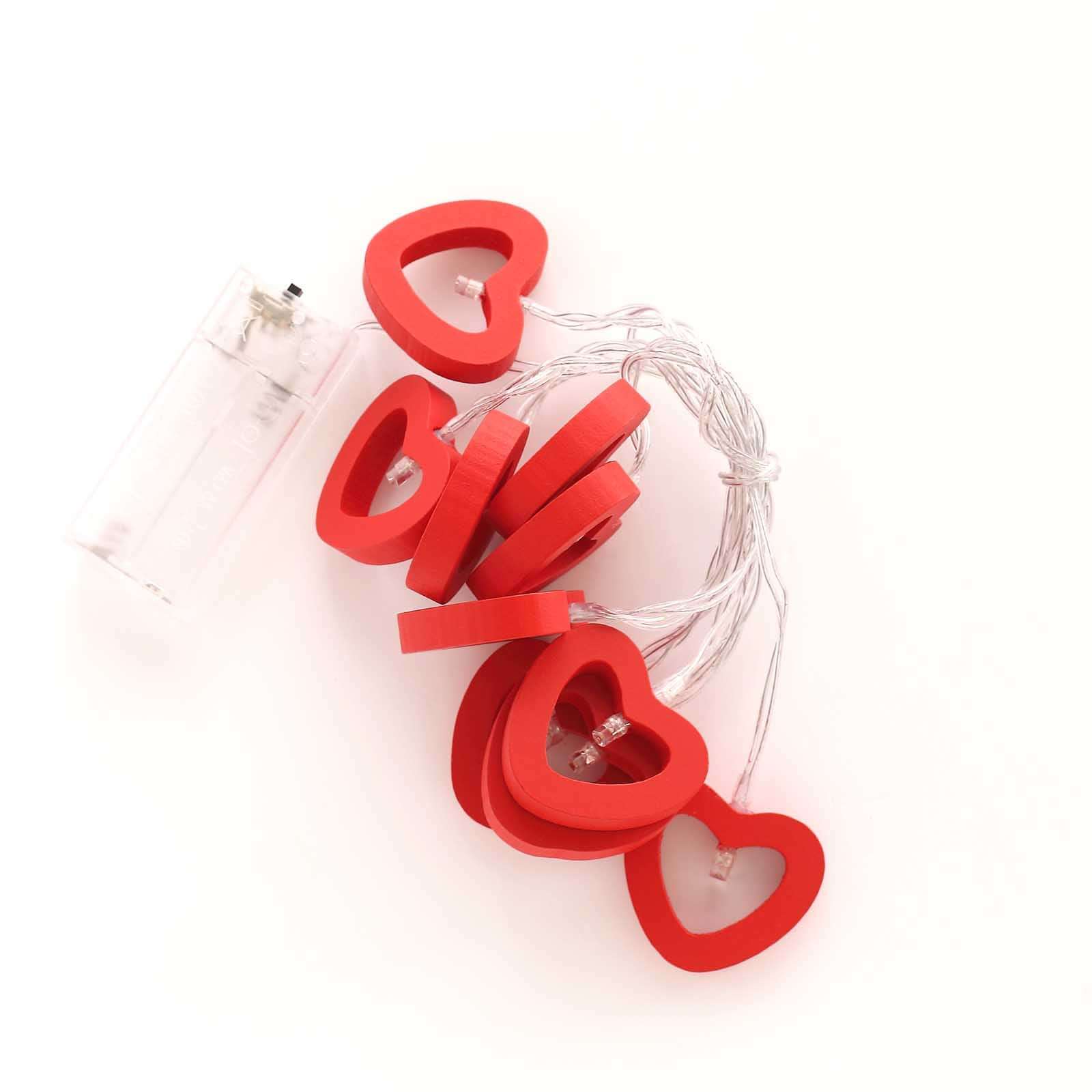 Wooden Heart String Lights Red Design Warm White - Battery Operated Hanging Accent 5ft