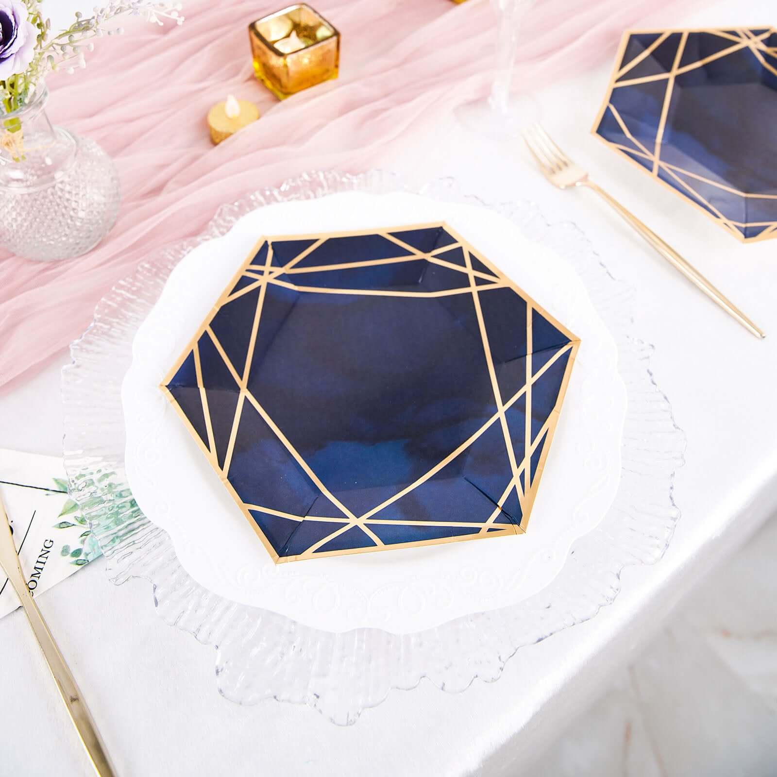 25-Pack Paper 7 Hexagon Dessert Plates in Navy Blue with Gold Geometric Lines & Rim - Stylish Disposable Geometric 300GSM Appetizer Salad Plates