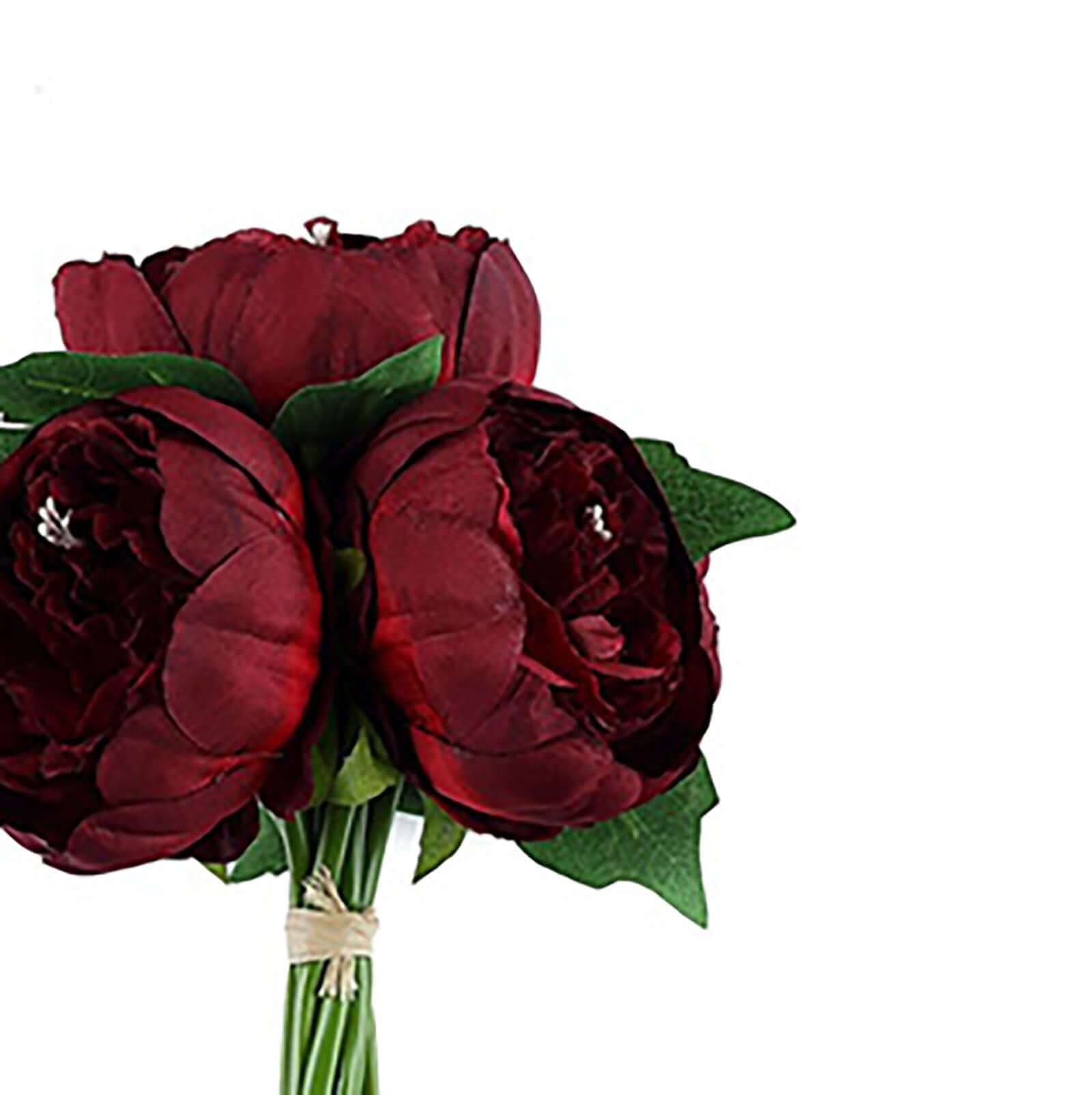 5 Flower Head Burgundy Peony Bouquet Artificial Silk Peonies Spray