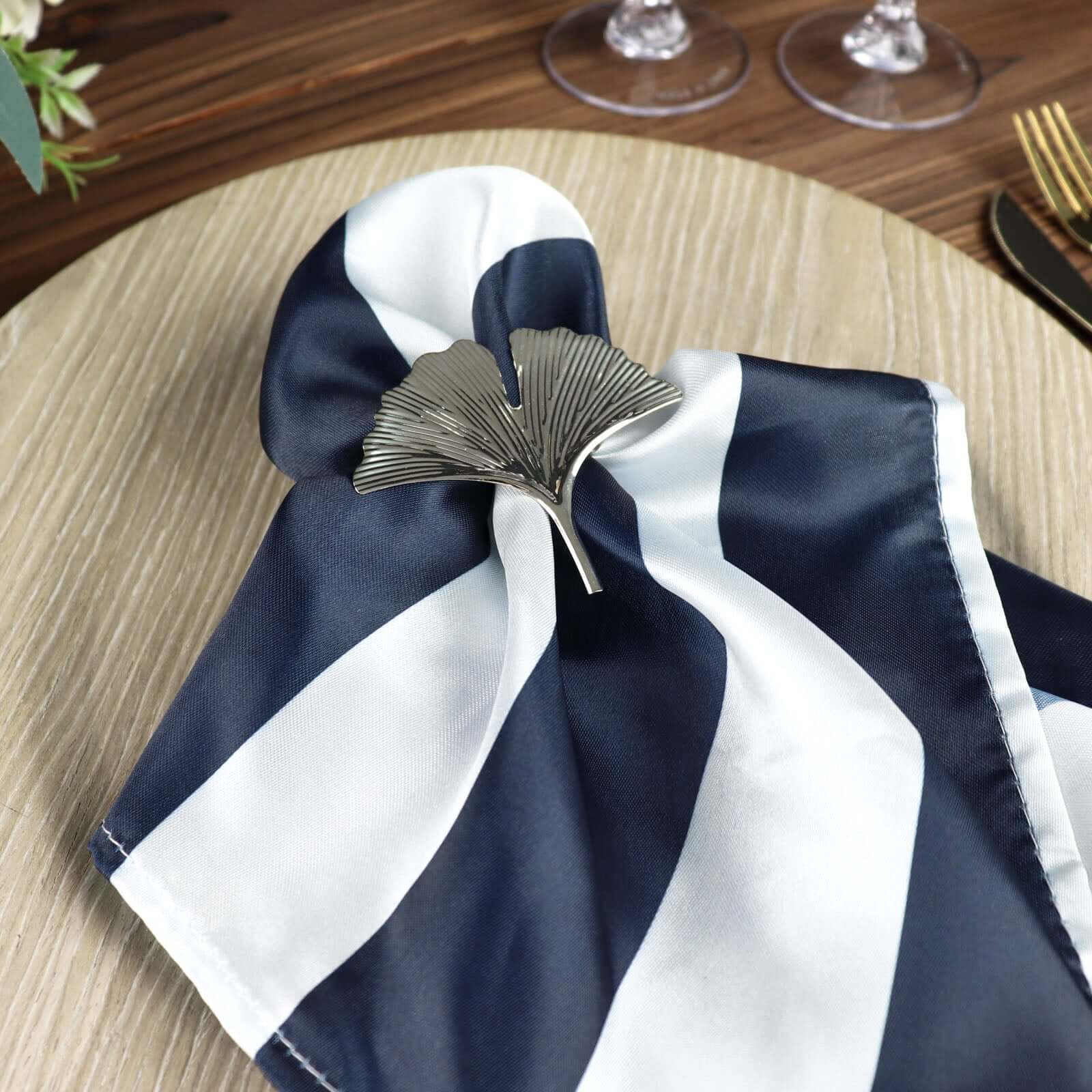 5 Pack Satin 20x20 Napkins Navy Blue/White - Striped Reusable Dinner Napkins