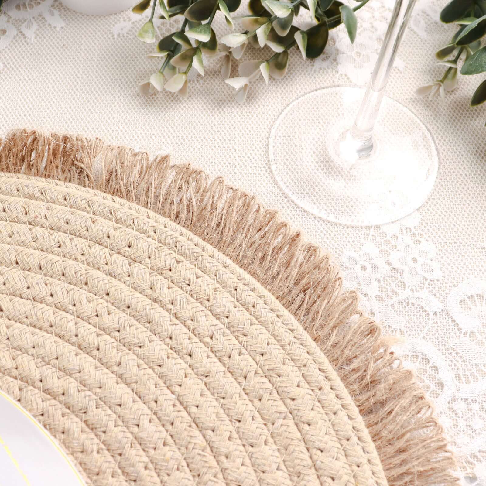 4-Pack Placemats Fringed Edge Design Natural Rustic Burlap Jute Round - Farmhouse Style Table Mats with Trim 15