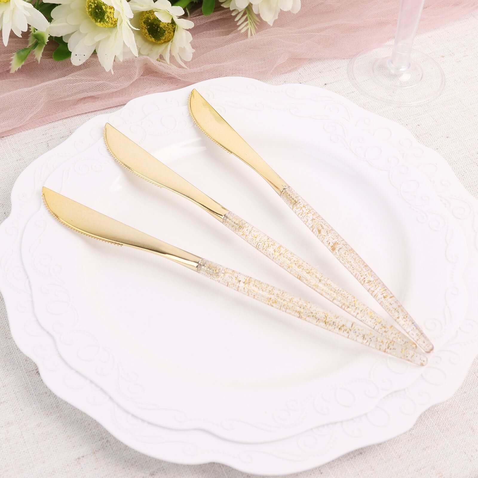 24-Pack Plastic Knives with Gold Glitter - Disposable Silverware Cutlery for Events