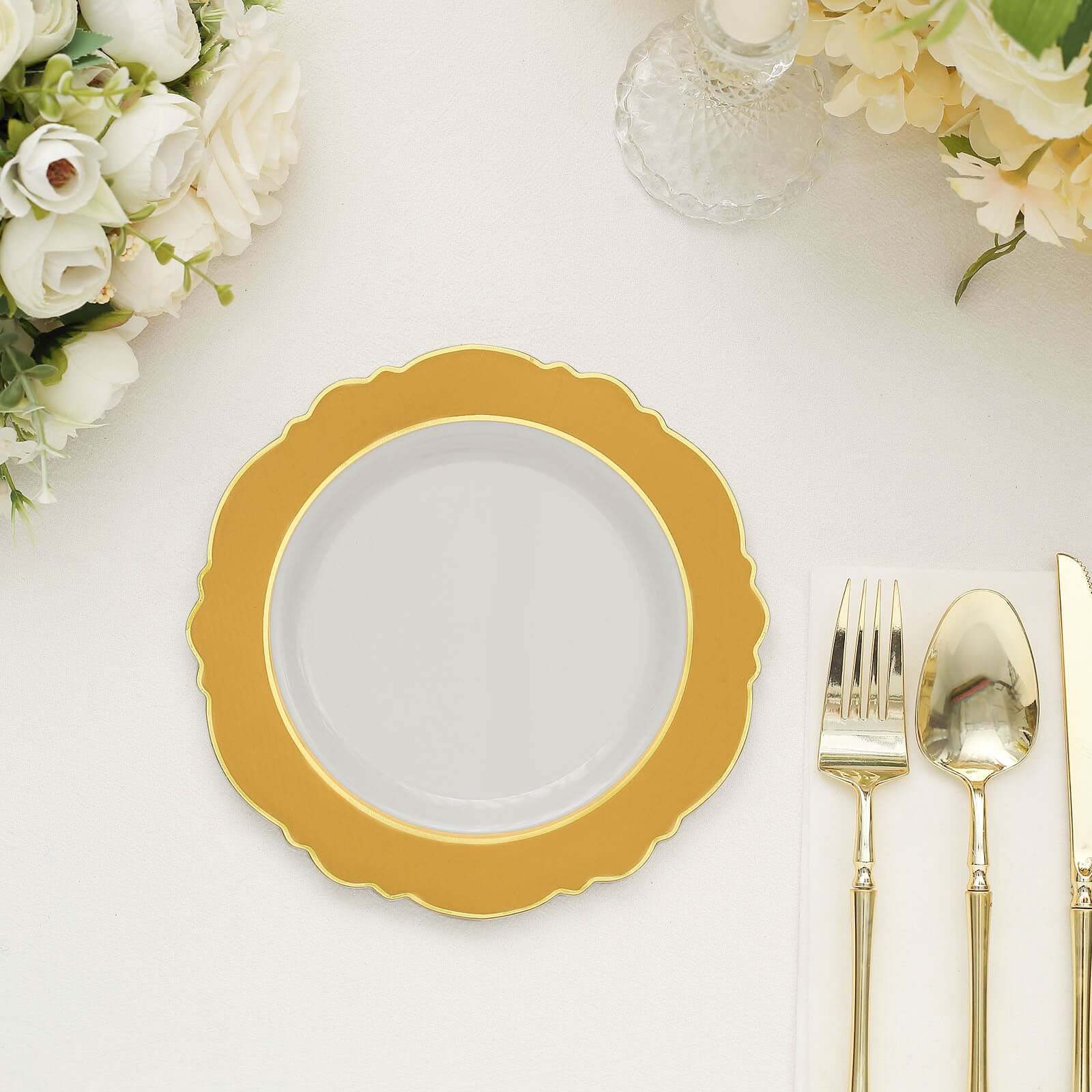 10-Pack Plastic 8 Round Dessert Plates in White with Gold Blossom Design & Gold Edging - Disposable Salad Appetizer Plates for Modern & Classy Table Decor