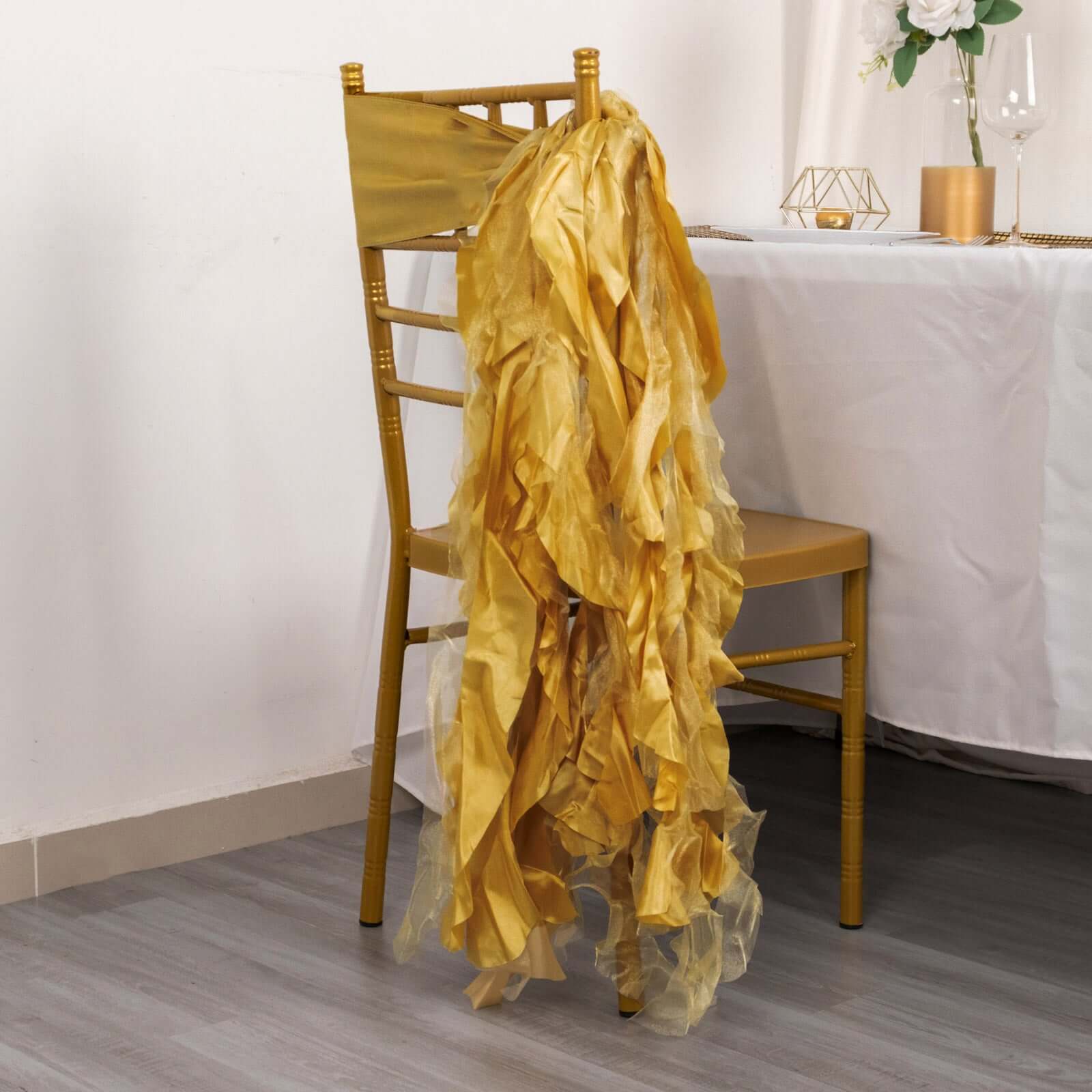 5 Pack Chiffon Satin Chair Sashes Gold - Easy to Install Lustrous Ruffled Curly Willow Wedding Chair Decorations