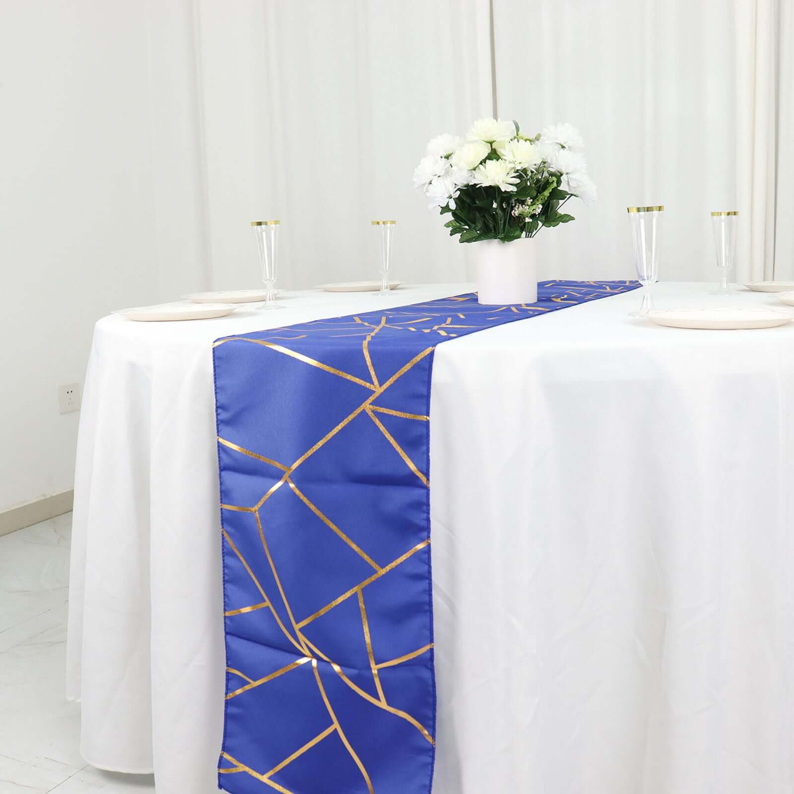 Polyester 9ft Table Runner Royal Blue with Gold Foil Modern Geometric Accent