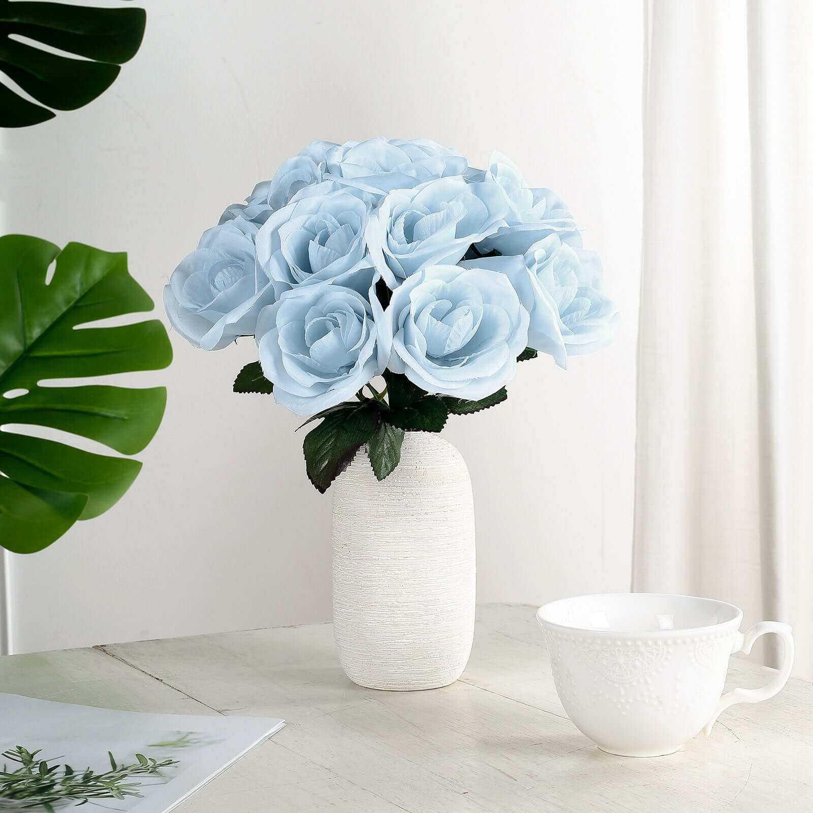 12 Ice Blue Artificial Velvet-Like Fabric Rose Flower Bouquet Bush