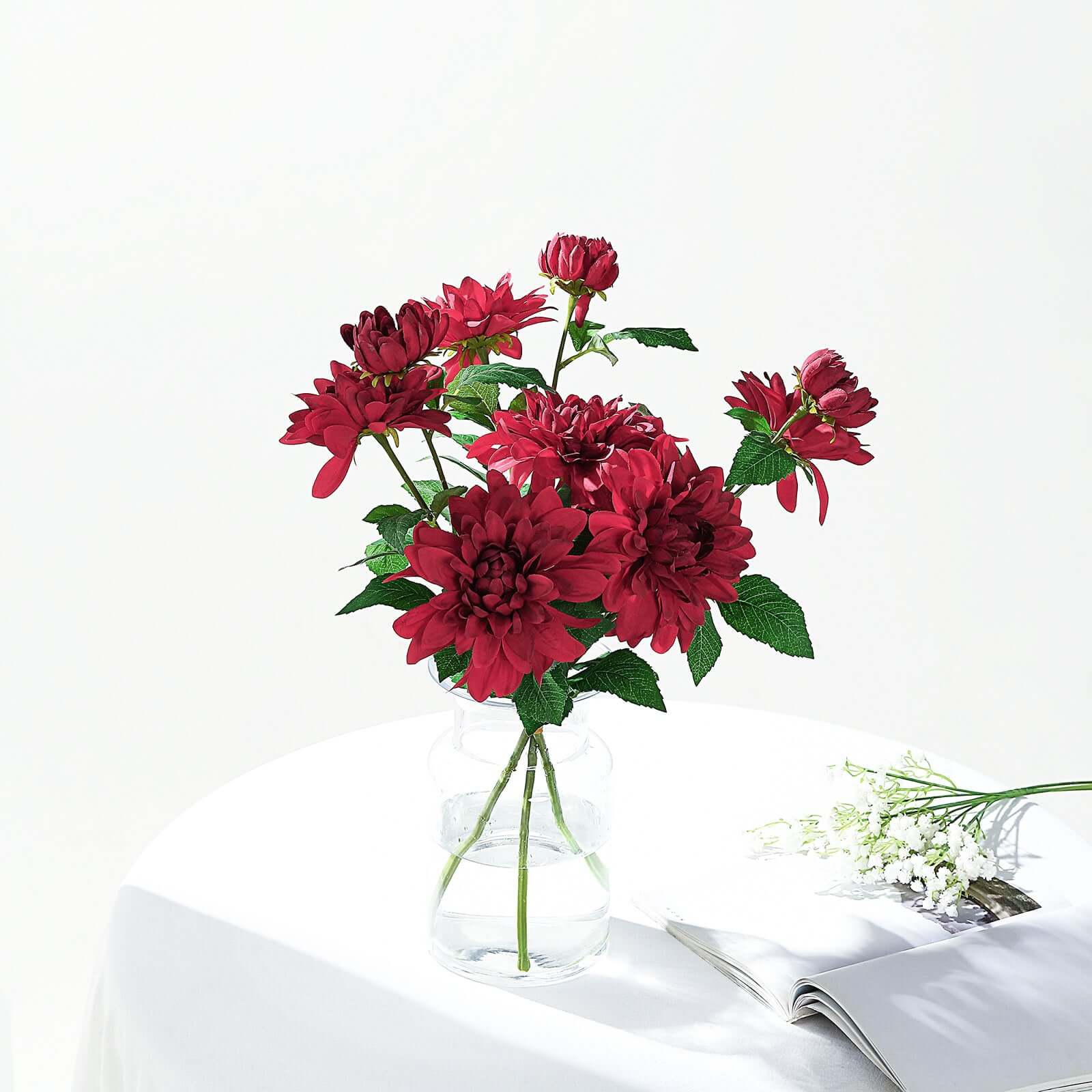 30 Tall Burgundy Artificial Dahlia Silk Flower Stems, Faux Floral Spray