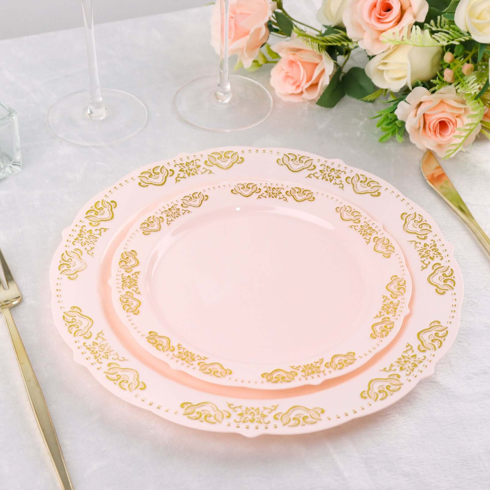 10-Pack Plastic 7.5 Round Appetizer Plates in Blush with Gold Embossed Scalloped Edge - Chic Disposable Salad Plates for Special Occasions & Banquets