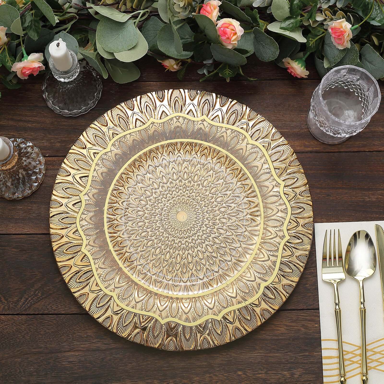 6-Pack Plastic Round Charger Plates 13 in Gold with Embossed Peacock Pattern, Stylish Disposable Charger Tableware