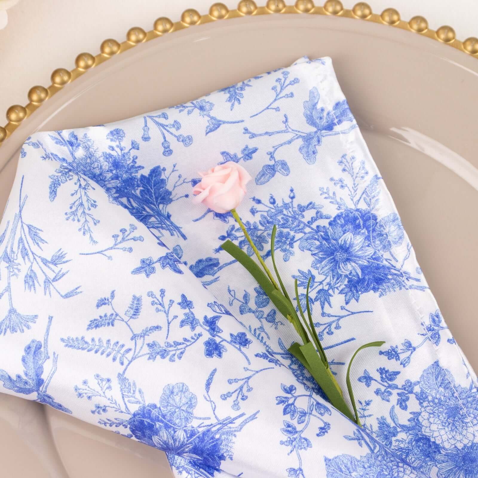 5 Pack Satin 20x20 Napkins White/Blue French Toile Pattern - Classy & Easy to Maintain Cloth Napkins for Weddings & Events