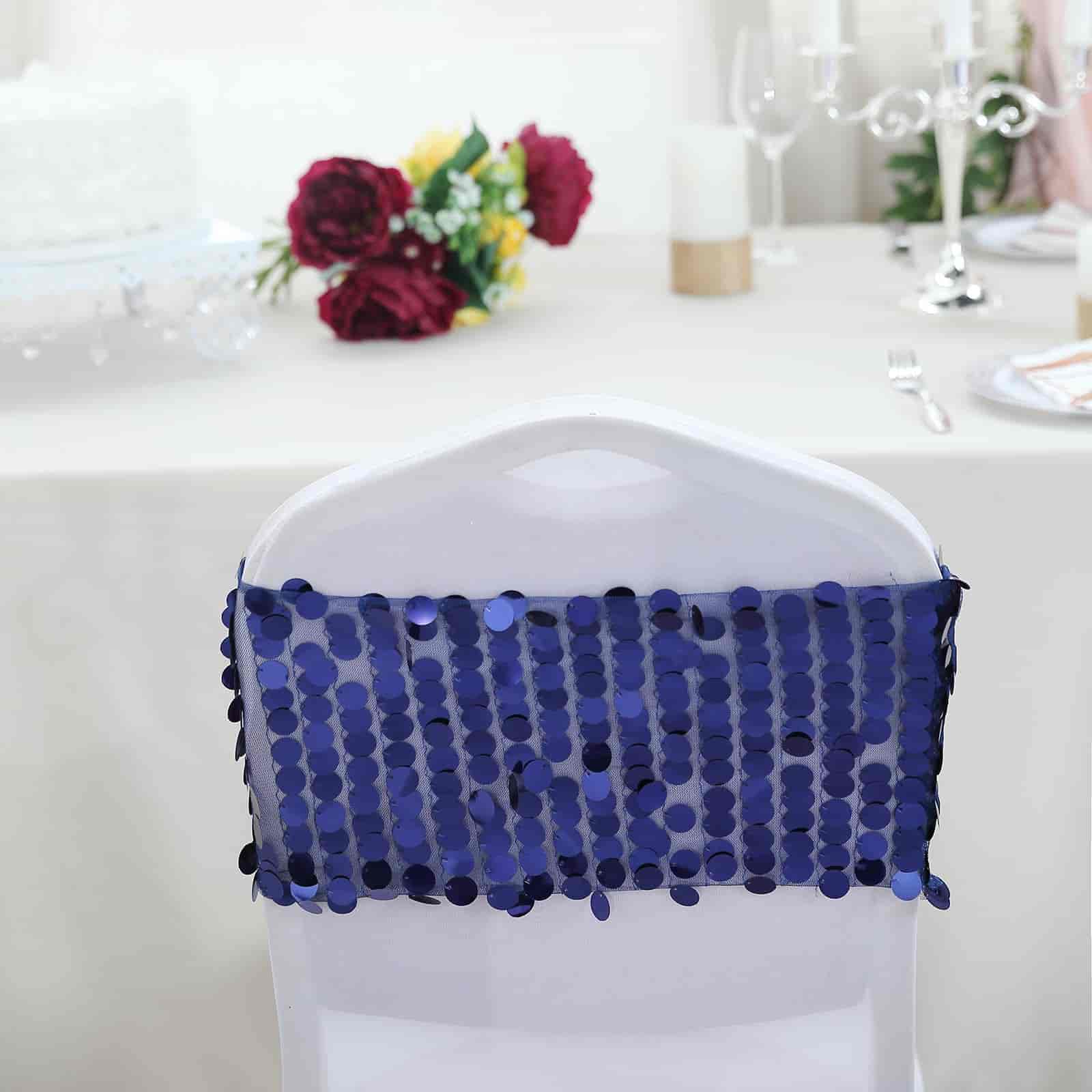 5 Pack Big Payette Sequin 13x10 Chair Sash Bands Navy Blue - Stylish Glittering Decor for Weddings & Gatherings