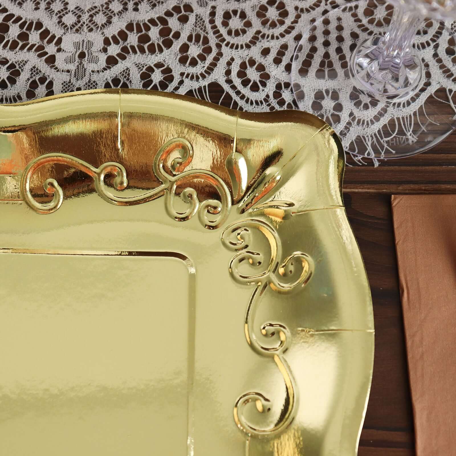 25-Pack Paper 11 Square Dinner Plates in Gold with Vintage Pottery Embossed Design - Shiny Metallic Disposable Serving Plates for Glamorous Dinners & Events