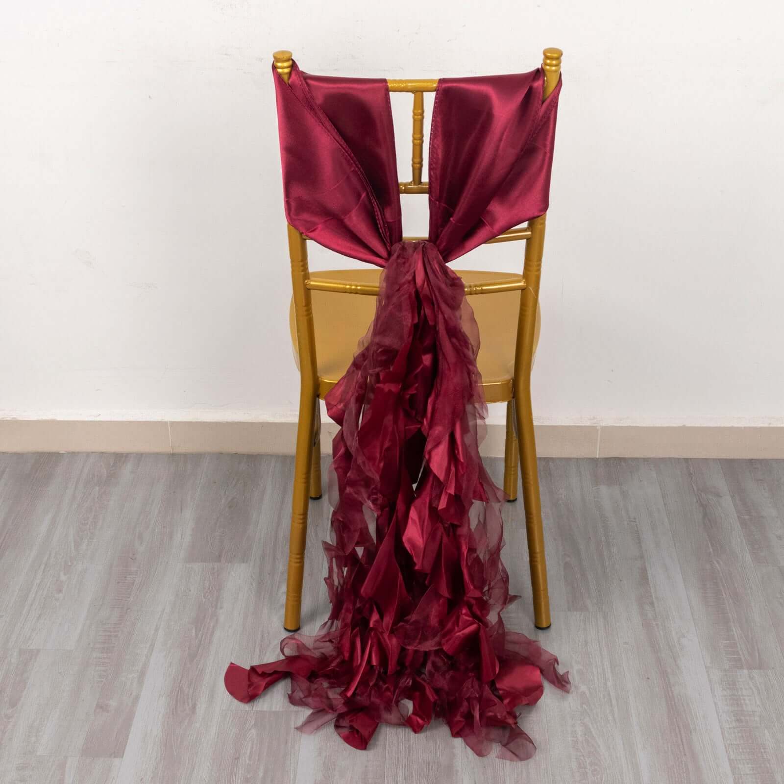 5 Pack Chiffon Satin Chair Sashes Burgundy - Easy to Install Ruffled Curly Willow