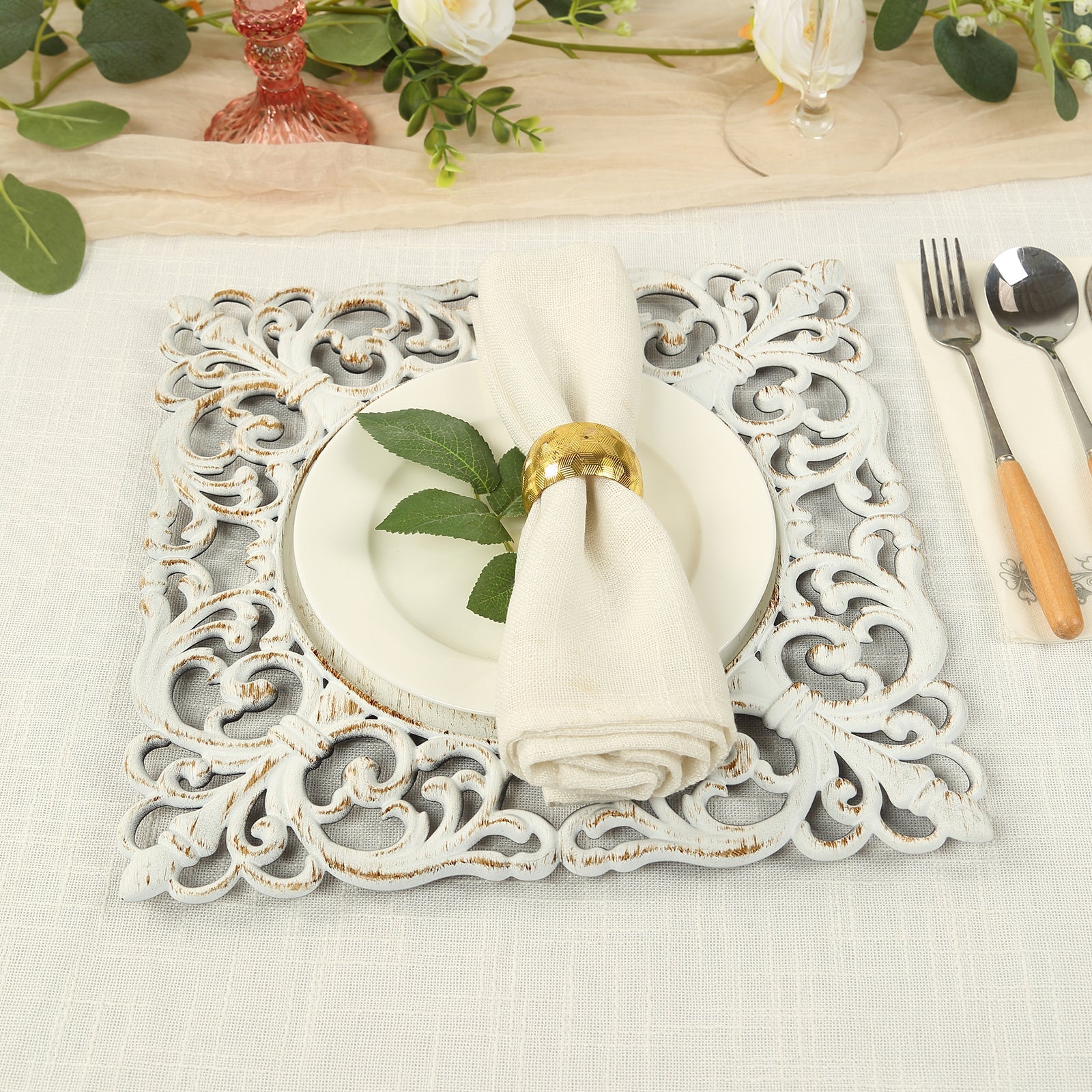 6-Pack Acrylic Square Charger Plates 12 Whitewashed with Hollow Lace Border, Event Tabletop Decorative Charger Tableware