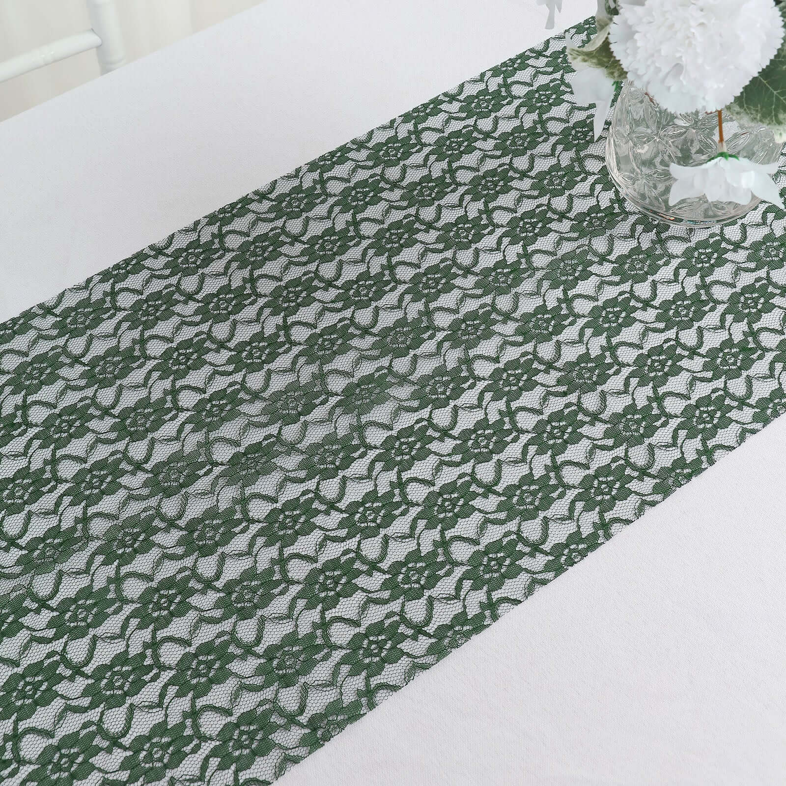 Floral Lace 12x108 Table Runner Hunter Emerald Green - Stylish Vintage Table Decor