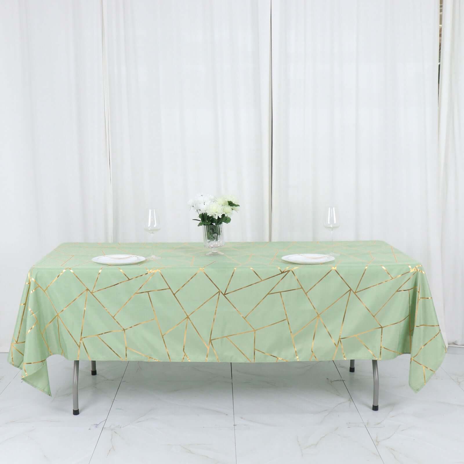 Polyester 60x102 Rectangle Tablecloth Sage Green with Gold Foil Geometric Pattern - Wrinkle-Resistant & Durable Table Cover