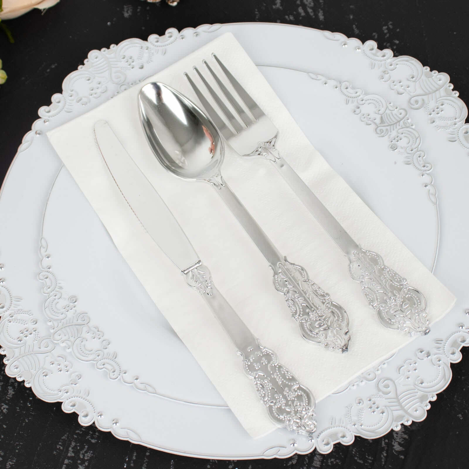 72 Pcs Plastic Silverware Set in Baroque Style Metallic Silver - Heavy Duty Disposable Knife, Fork, and Spoon Set