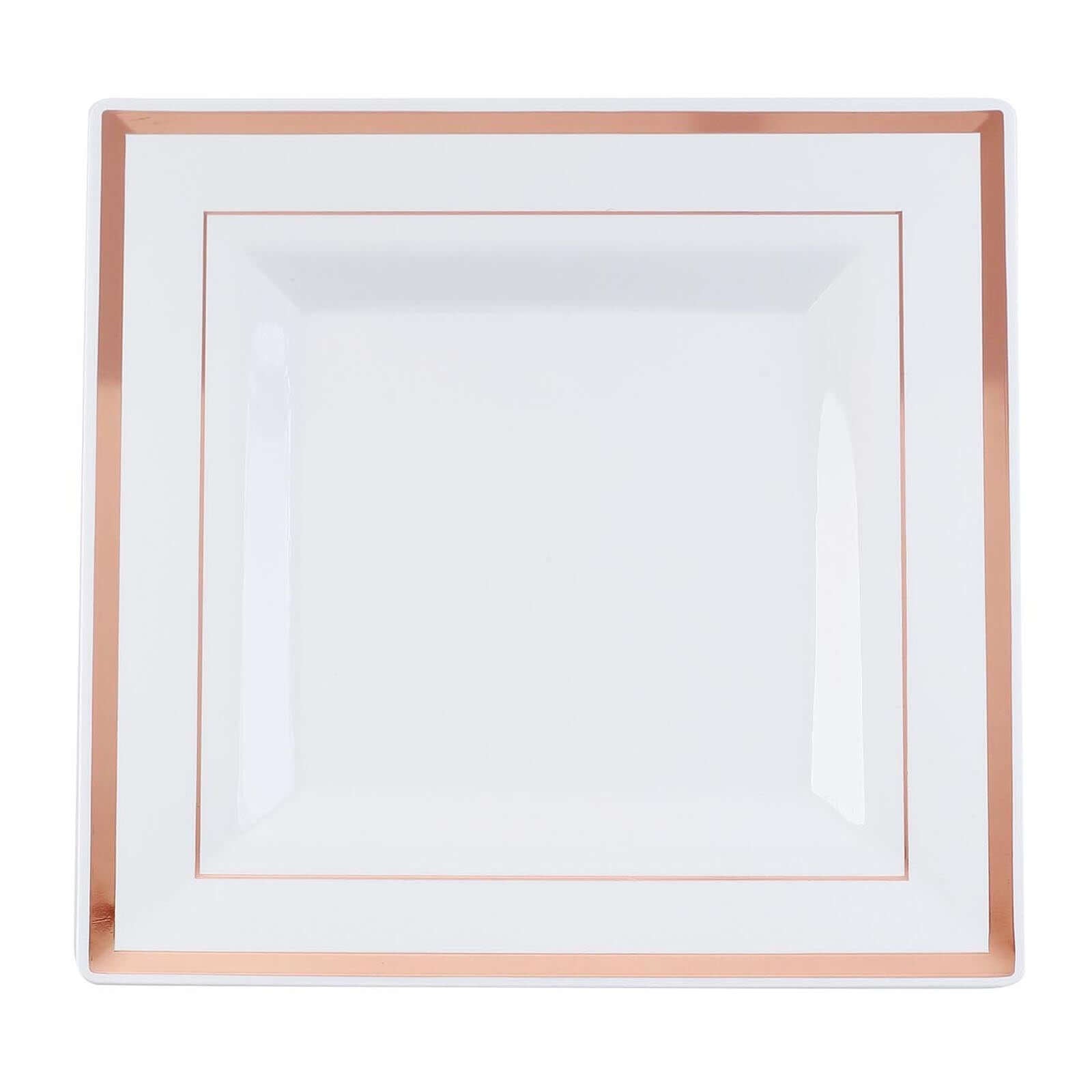 10-Pack Plastic Dinner Plates White Square with Rose Gold Trim - Lightweight Disposable Plates for Events 10