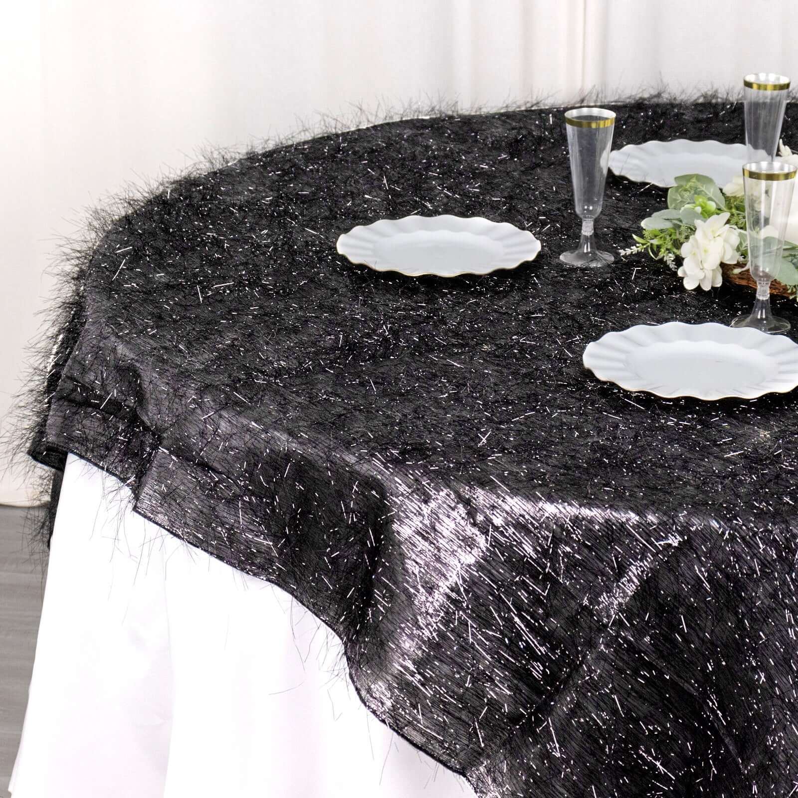 Polyester 72x72 Table Overlay Square Tablecloth Black - Metallic Fringe Shag Tinsel Table Cover