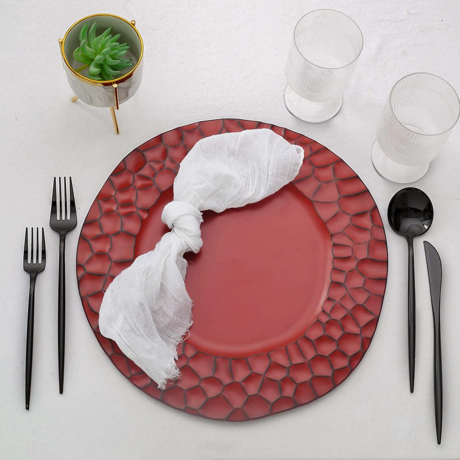 6-Pack Round Charger Plates 13 in Burgundy with Hammered Rim, Matte Finish Modern Dinner Charger Tableware