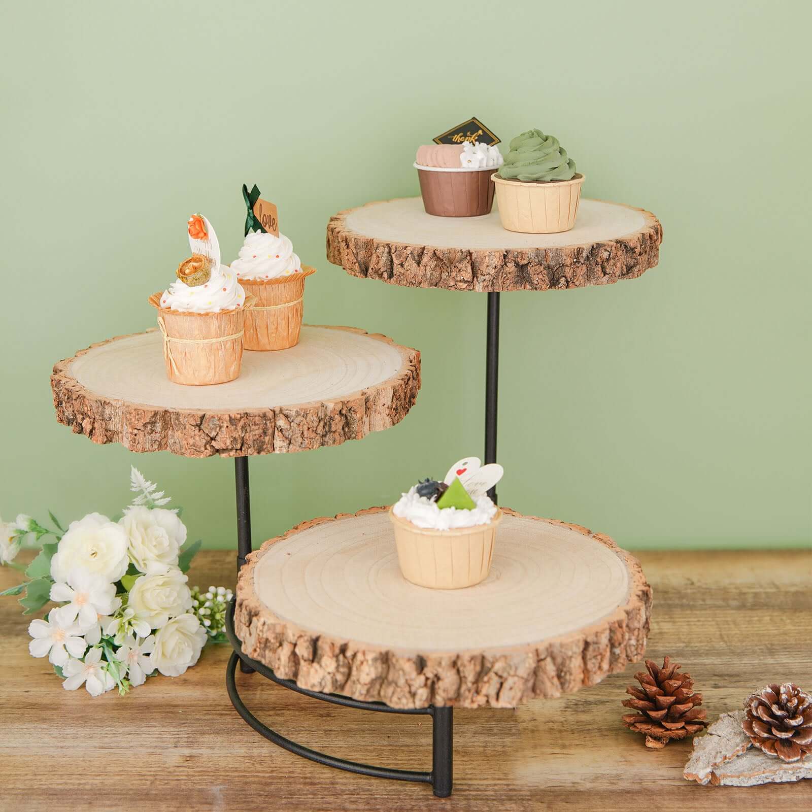 3-Tier Wooden Cheese Board Stand Half Moon Wood Slice Design - Rustic Cupcake Centerpiece 12 Tall