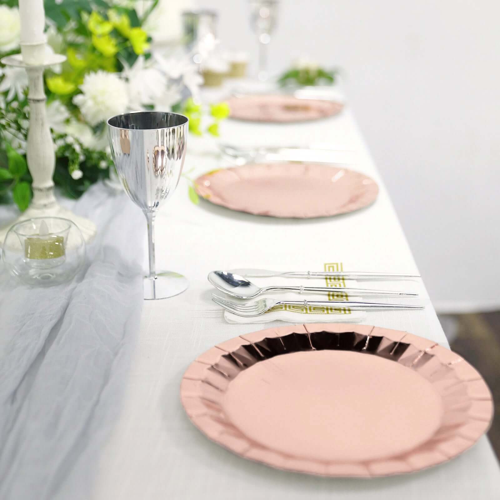 25-Pack Paper 9 Round Dinner Plates in Metallic Rose Gold with Geometric Prism Rim - Disposable 400GSM Party Plates