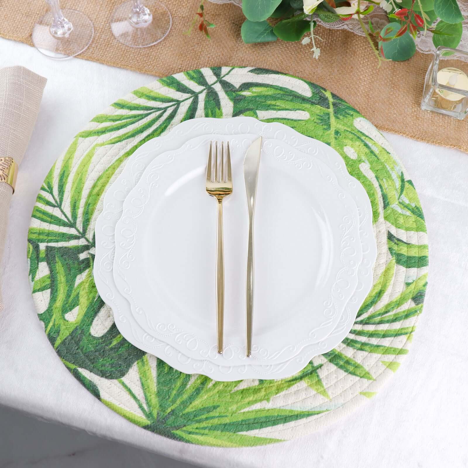 4-Pack Table Placemats Tropical Leaf Design Green Cotton Round - Woven Indoor/Outdoor Dining Mats 15