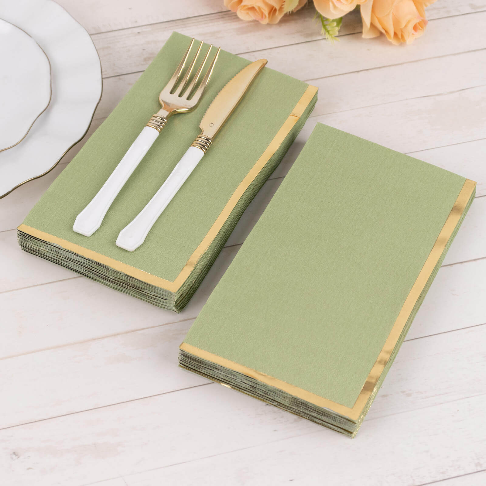 50-Pack Paper Dinner Napkins Sage Green with Gold Foil Edge 2 Ply - Stylish Disposable Napkins